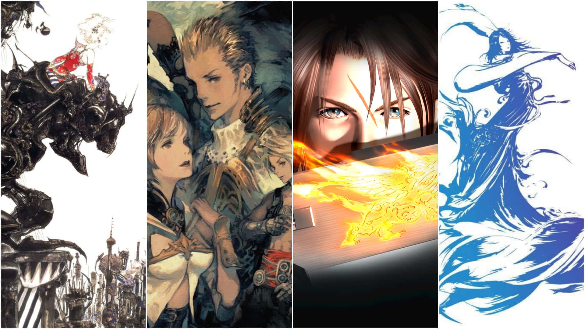 Fantasy Games 桌布 壁紙 — 四幅動漫風格插圖，描繪奇幻角色以動態姿勢呈現，搭配戲劇性燈光和鮮豔色彩。