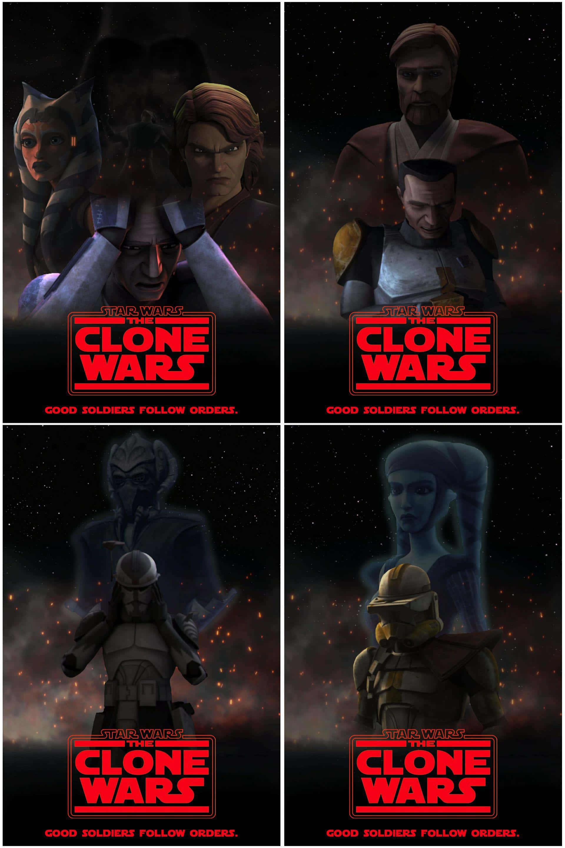 The Order 66 桌布 壁紙 — 四張《星球大戰：複製人之戰》角色海報， featuring 安納金、歐比王、亞蘇卡等角色，背景為星空暗色，帶有熾熱火花和紅色標誌。