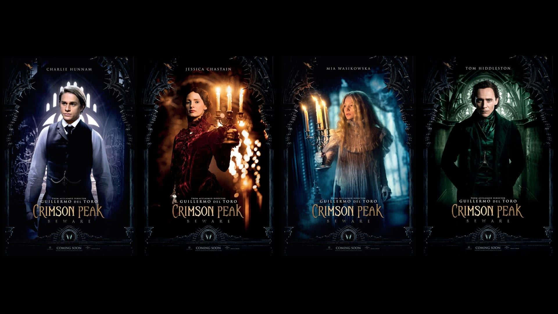 Scary Movies 桌布 壁紙 — 四張《腥紅山莊》的哥德式電影海報展示了演員在陰森、燭光昏暗、建築華麗的鬼屋中。