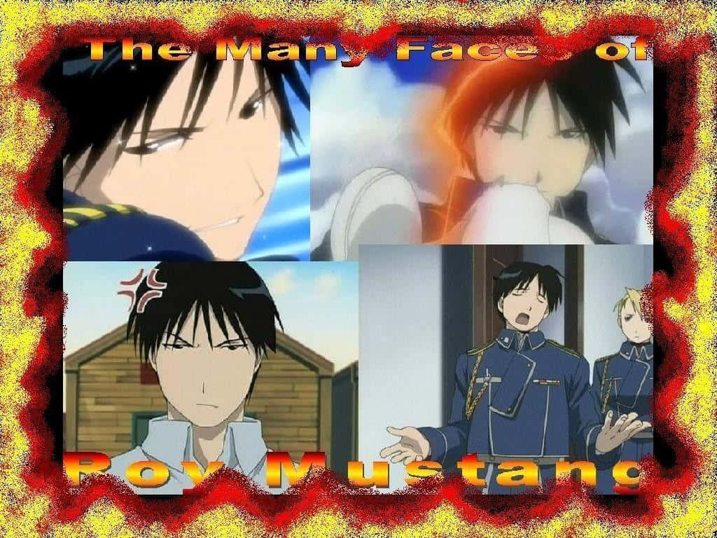 Roy Mustang 桌布 壁紙 — 四張動漫場景的拼貼畫，描繪羅伊·馬斯坦古在火焰邊框襯托下展現不同表情和服裝。