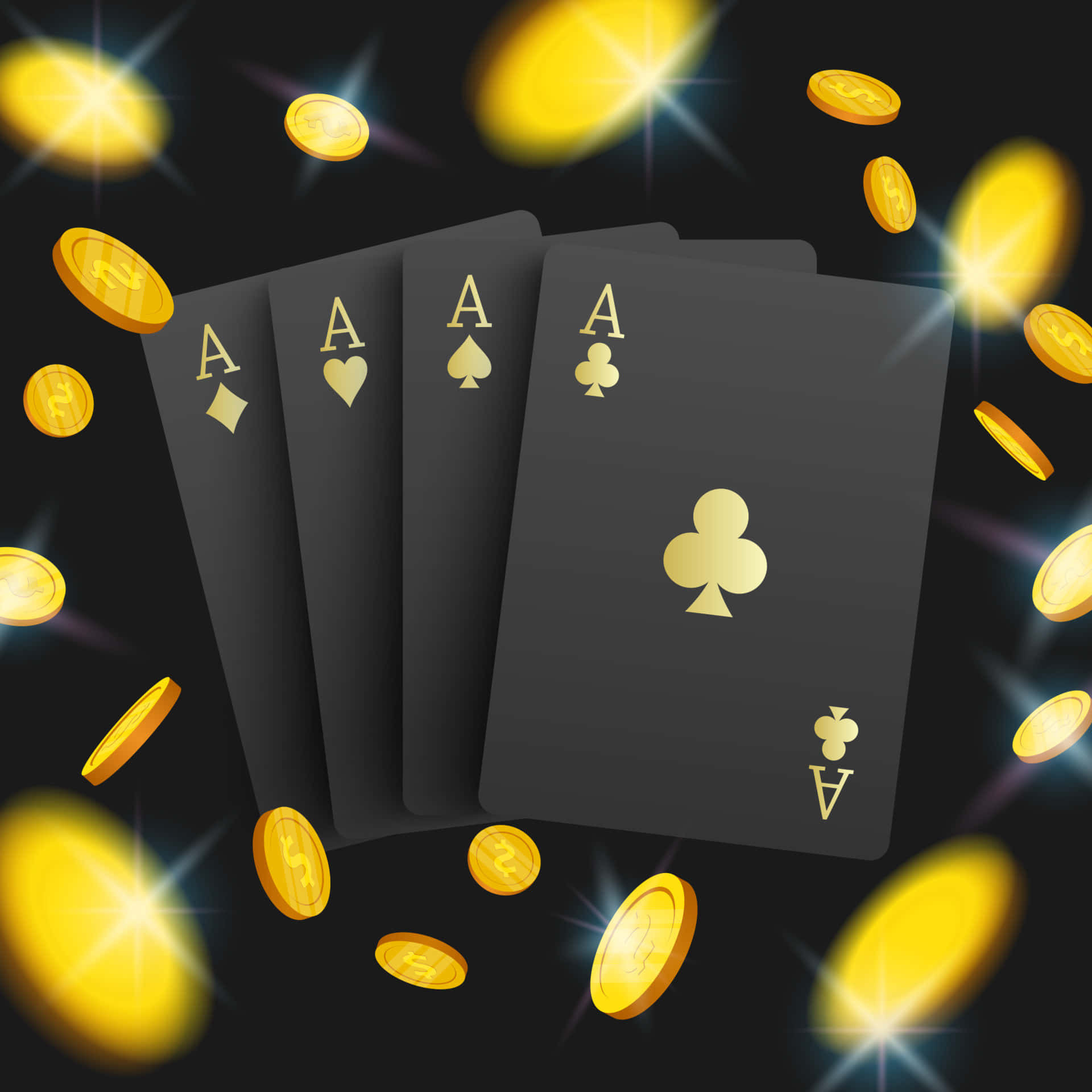 Playing Cards 桌布 壁紙 — 四張帶有金色符號的黑色Ace在黑暗背景中漂浮於發光的金幣之間。