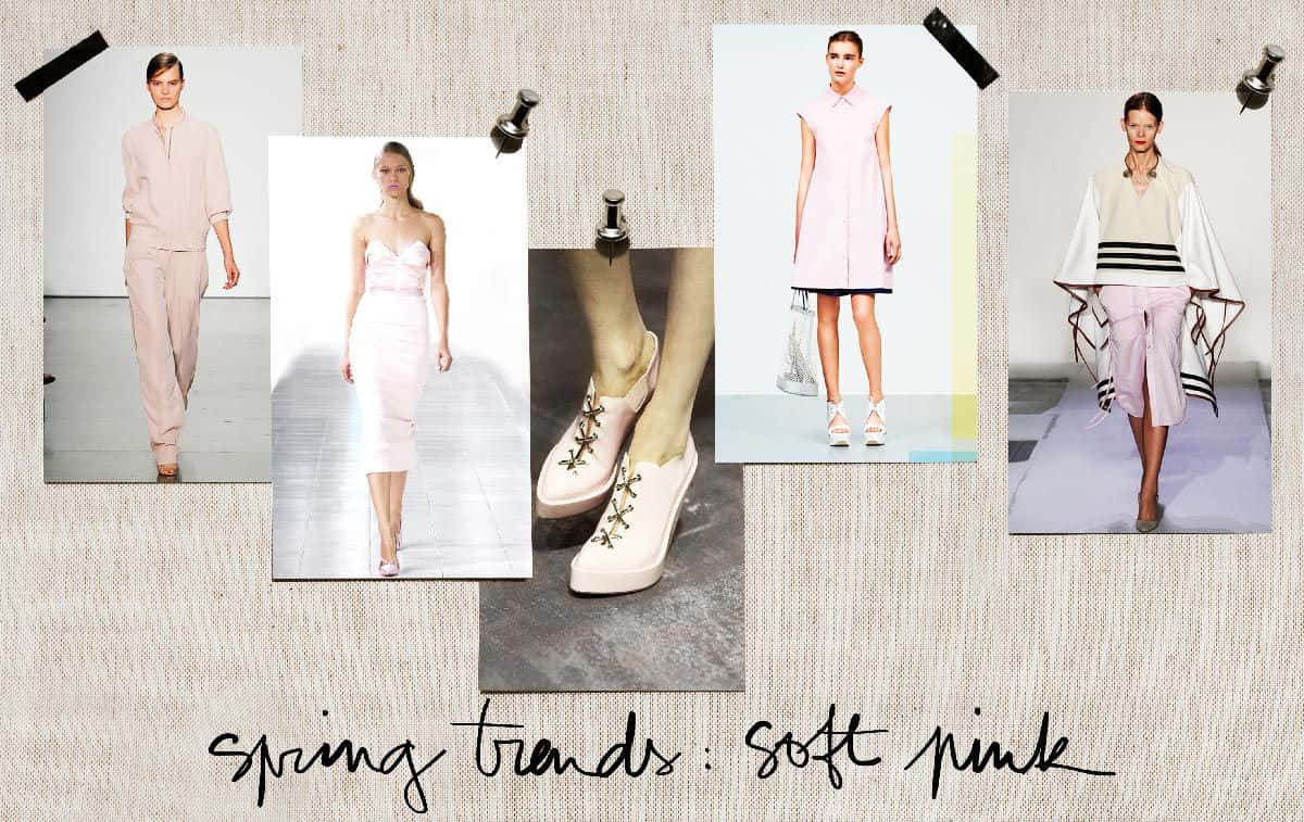 Spring Fashion 桌布 壁紙 — 四張時尚照片釘在紋理牆上，展示模特兒穿著柔和粉紅色服裝的春季潮流。