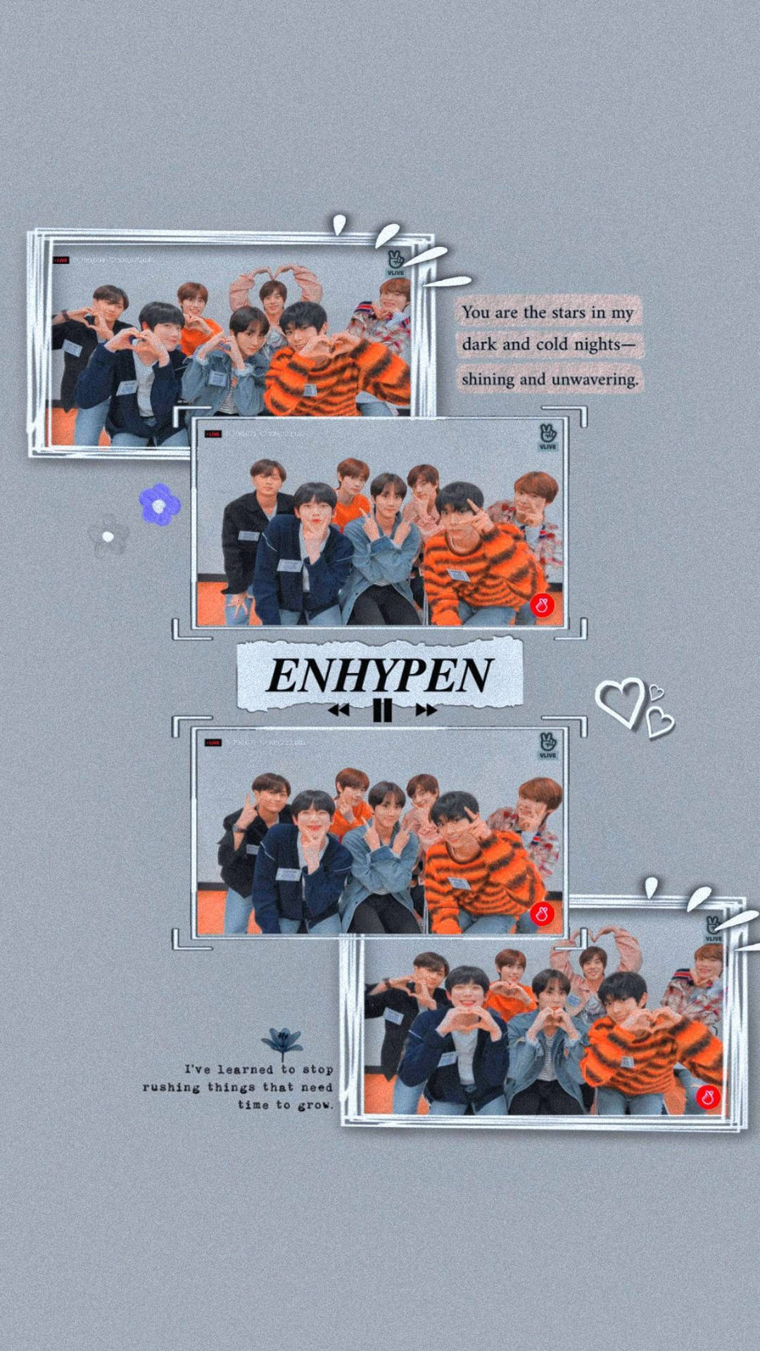 ENHYPEN 照片拼貼，灰色背景上帶有裝飾心形和勵志語錄。