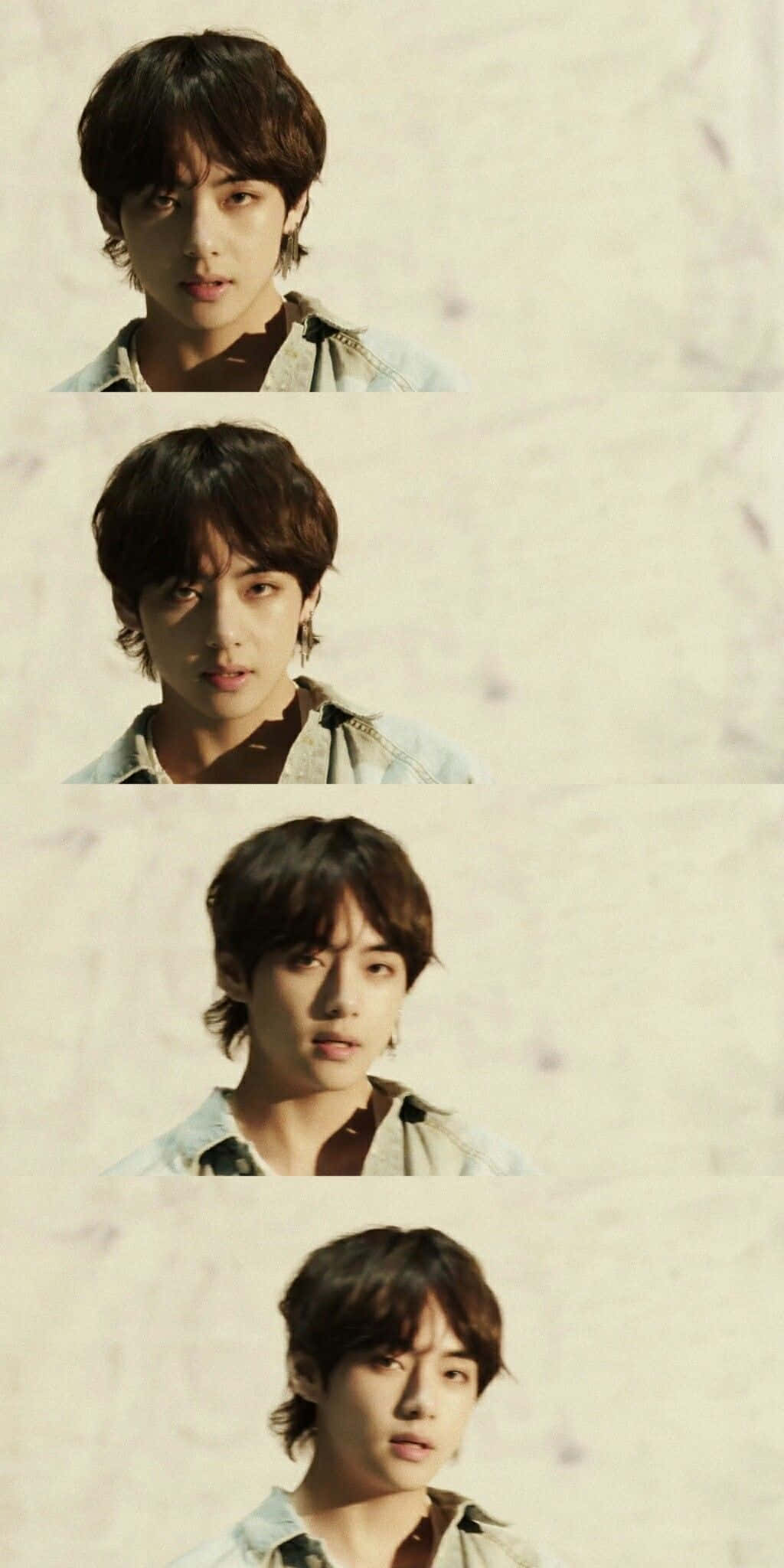 Bts Mv 桌布 壁紙 — 四張疊加的年輕男子特寫肖像，他有一頭凌亂的棕色頭髮，穿著牛仔外套，背景是帶紋理的米色。