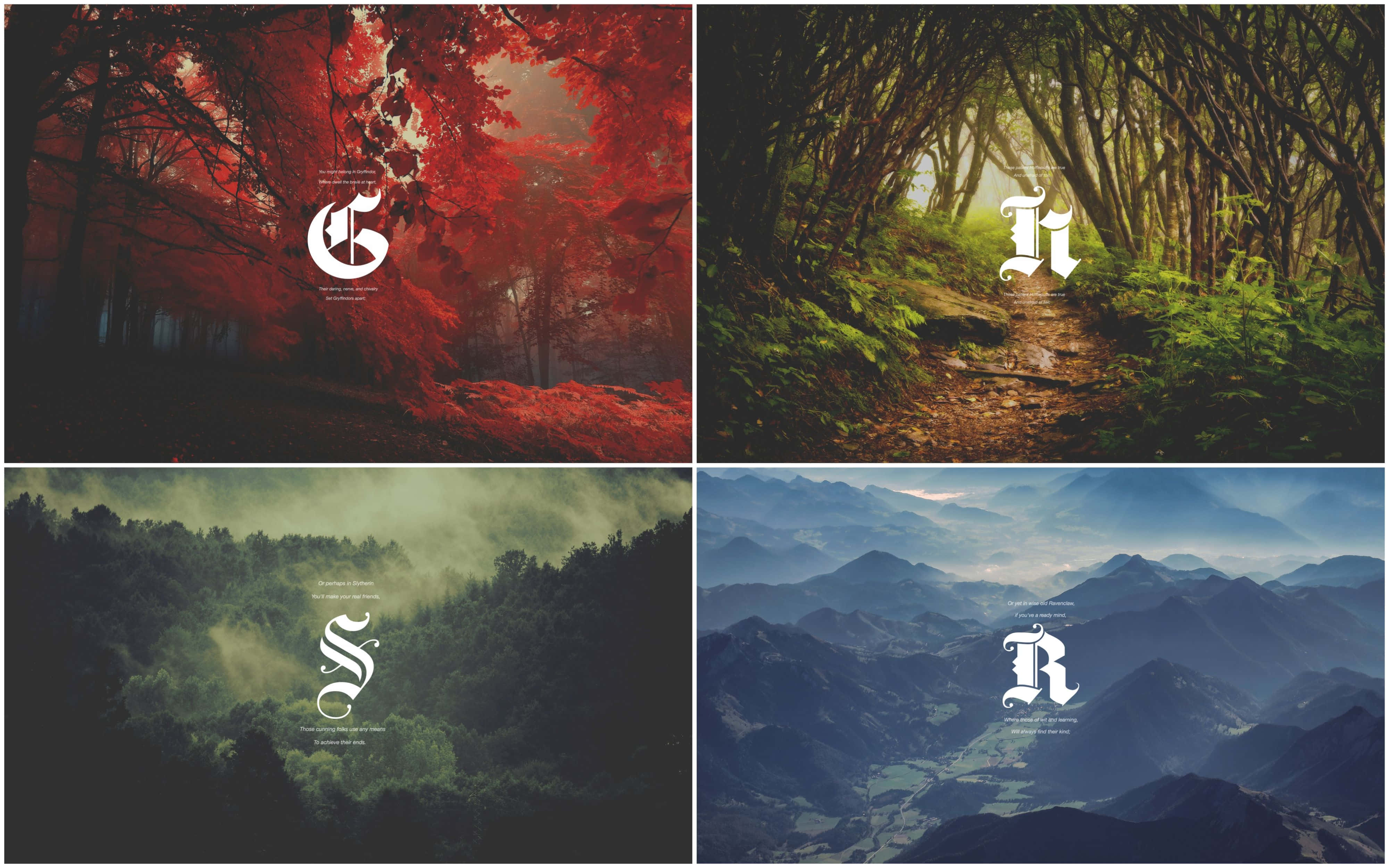 The Hogwarts Houses 桌布 壁紙 — 四張風景壁紙，特色包括鮮豔的紅色森林、陽光照耀的苔蘚小徑、霧氣瀰漫的綠色山谷，以及層疊的山脈，並帶有優雅的白色文字疊加。