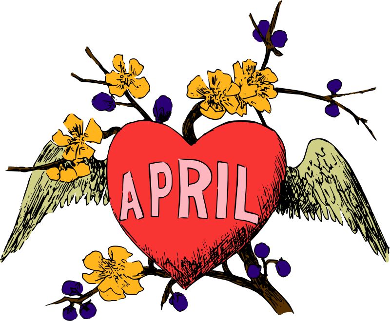 四月心與蜂鳥 壁紙 — 一個帶翅膀的紅色心形，上面有「April」字樣，周圍環繞著黃色花朵和紫色漿果，背景為黑色。