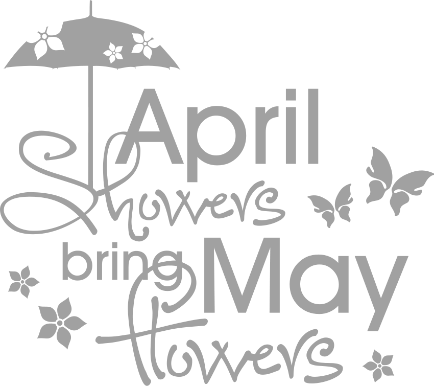 四月春雨五月花開 壁紙 — 一個單色圖形，上面有「April showers bring May flowers」的短語，周圍環繞著雨傘和蝴蝶。