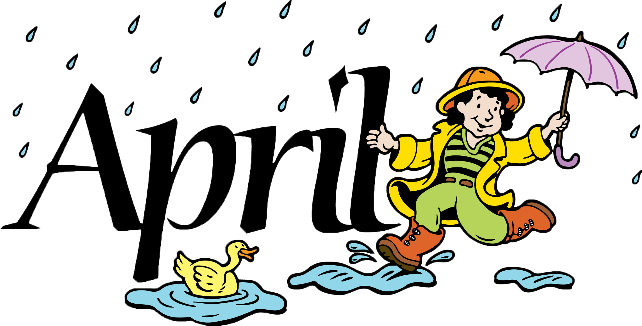 四月春雨卡通插畫 壁紙 — 一個穿著黃色雨衣和帽子的快樂卡通小孩在積水坑中跳舞，手持紫色雨傘，雨滴落在「April」這個詞周圍，附近有一隻黃色鴨子。