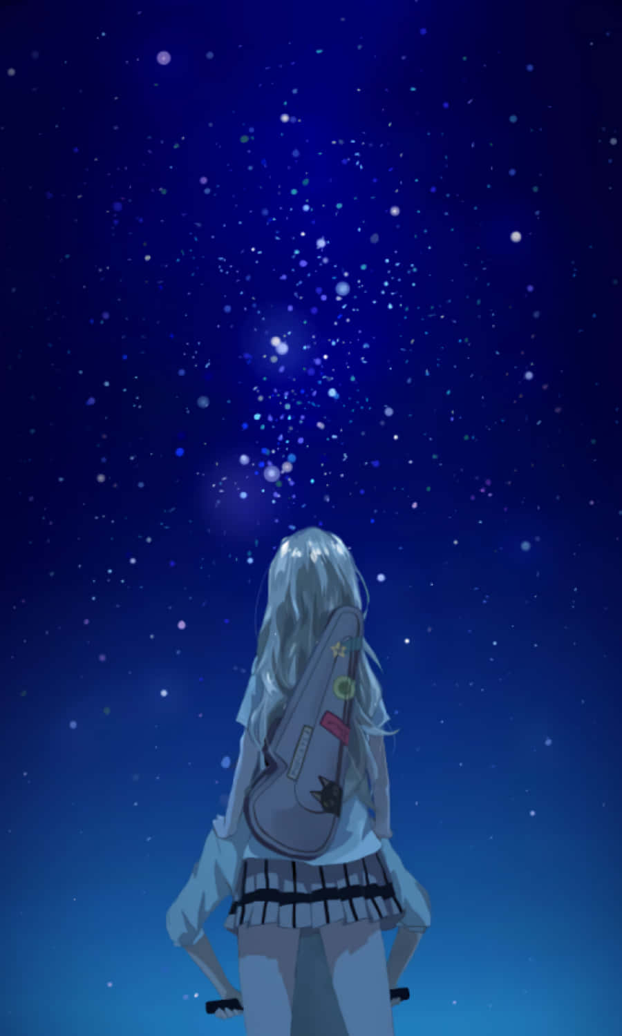 四月是你的謊言 iPhone 版 三葉凝望藍色星雲 壁紙 — 一個孤獨的動漫女孩，長長的白髮，仰望星空，手裡拿著結他。