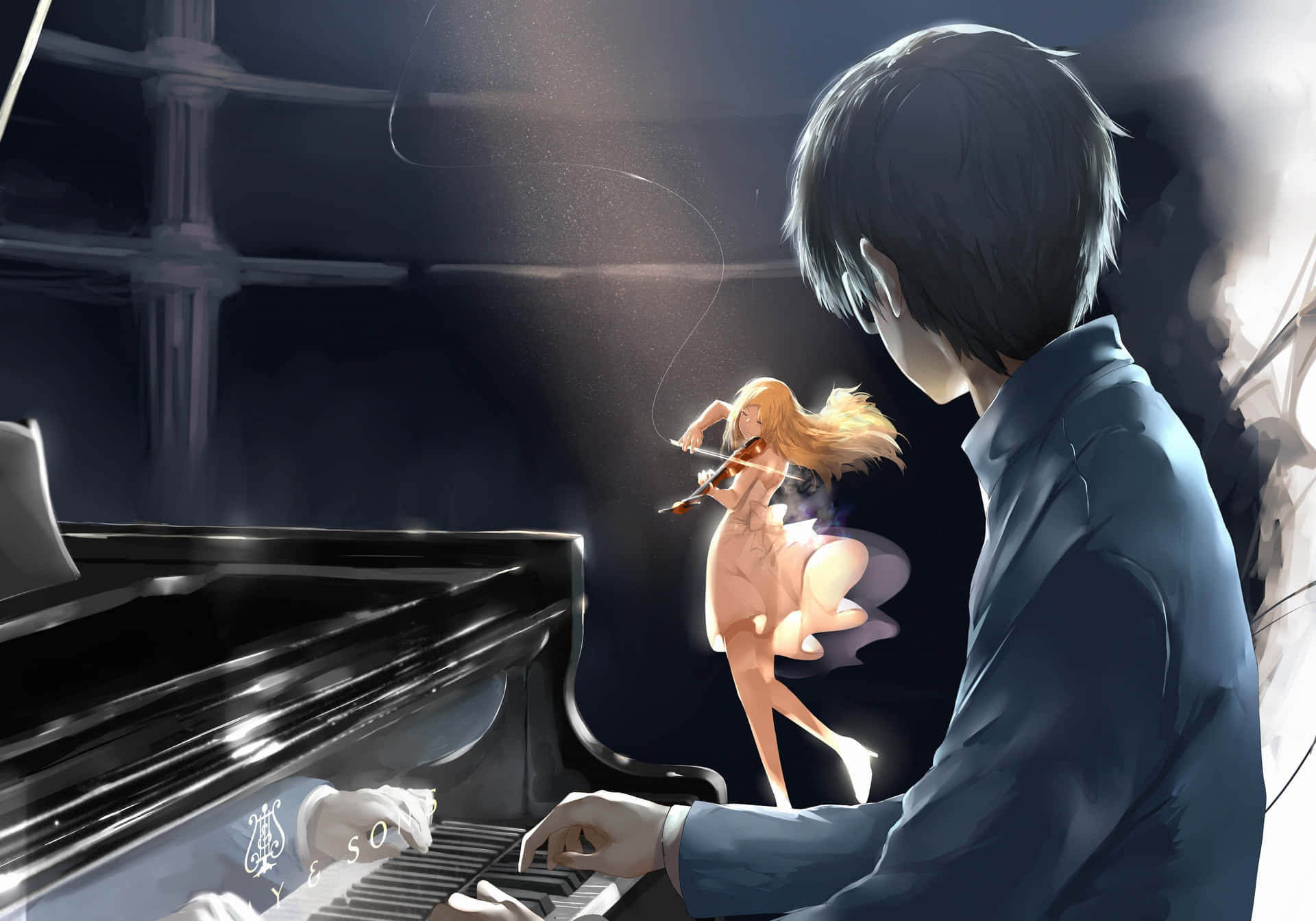 動漫男孩彈鋼琴，發光女孩拿著小提琴漂浮在他旁邊。