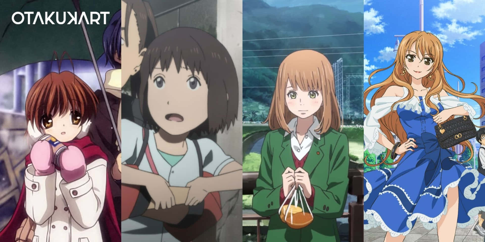 四個動漫女孩穿著不同的服裝和背景，拿著物品或擺姿勢。