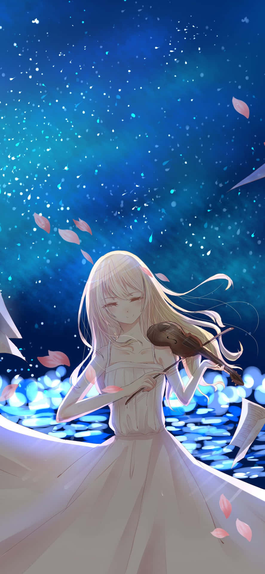 身穿白色連衣裙的動漫女孩在星空下演奏小提琴，櫻花飄落。