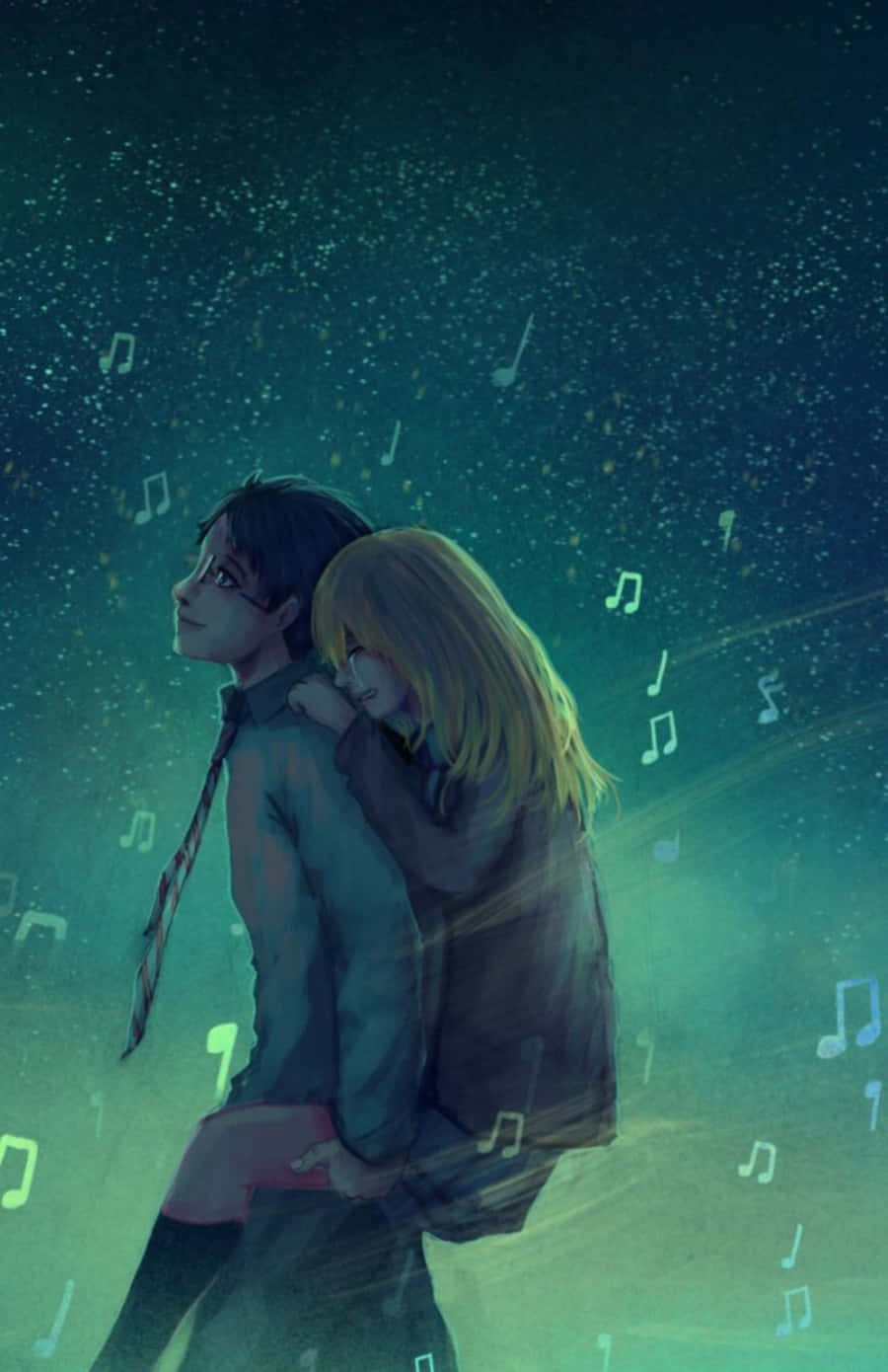兩個動漫青少年在星空下擁抱，飄浮的音符環繞。