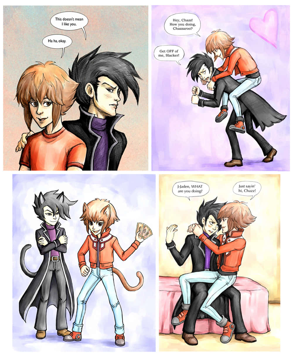 Chazz Princeton 桌布 壁紙 — 四格漫畫，描繪兩個擬人化的貓角色在色彩繽紛的插圖場景中進行俏皮而親切的互動。