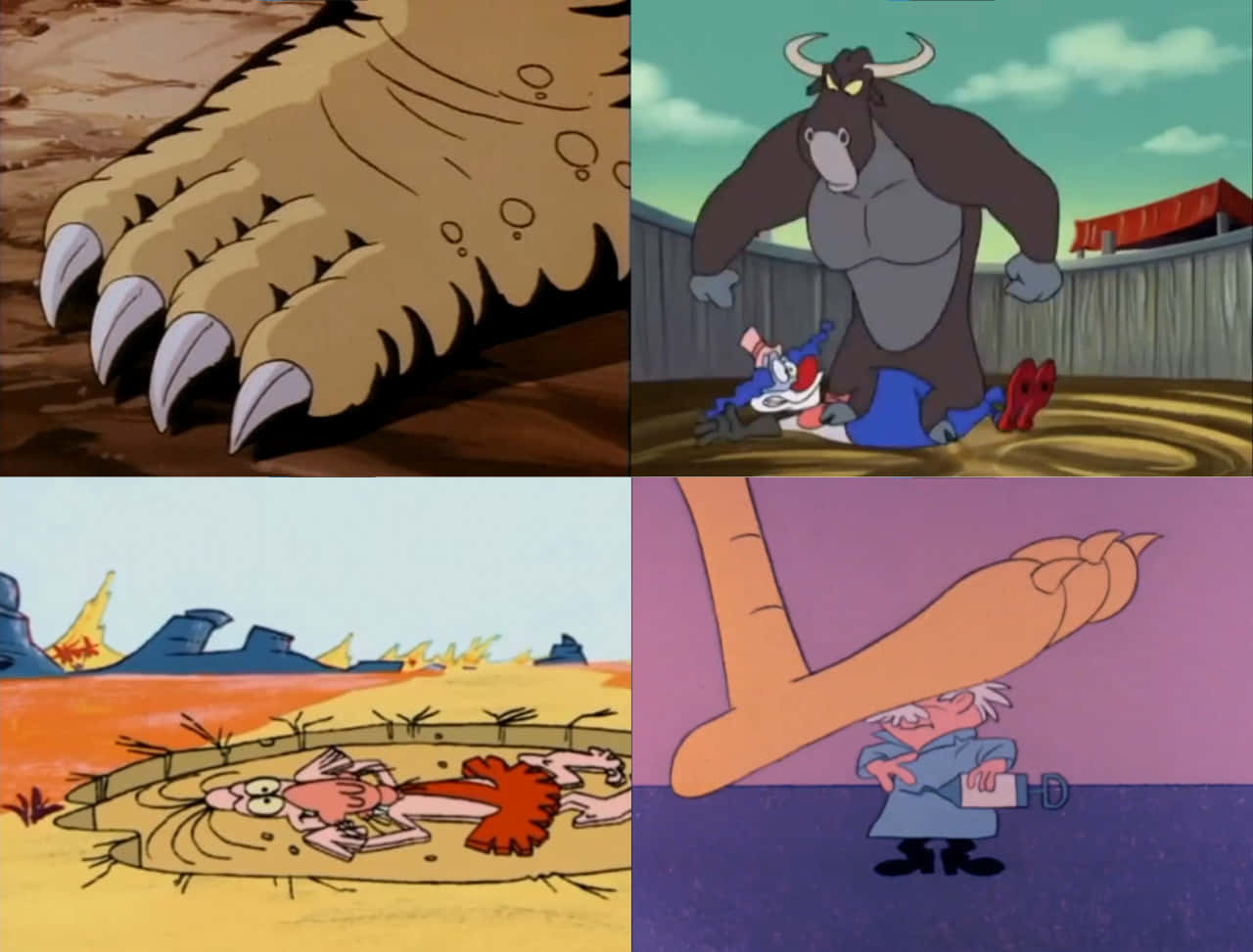 The Wacky World Of Tex Avery 桌布 壁紙 — 四格漫畫拼貼，包含一個巨大的爪子、一頭公牛追逐一個小角色、一個埋在沙中的角色，以及一個巨大的腳懸在一個男人上方。