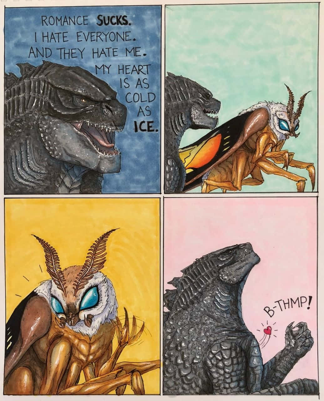 Godzilla Vs Mothra 桌布 壁紙 — 四格漫畫顯示哥斯拉因戀愛心碎，然後遇到一隻像飛蛾的生物，最後被牠狠狠打了一巴掌。