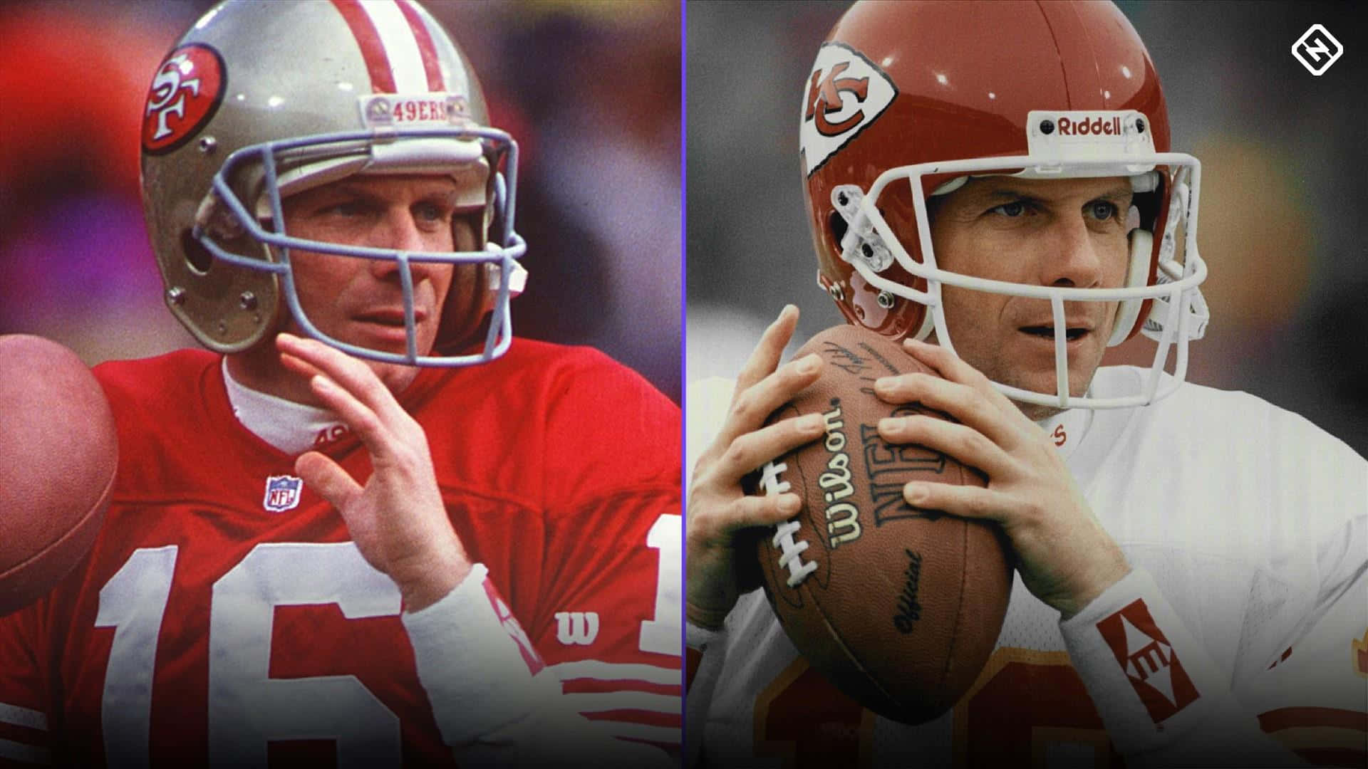 兩名NFL四分衛戴頭盔持足球，身穿紅色和白色球衣