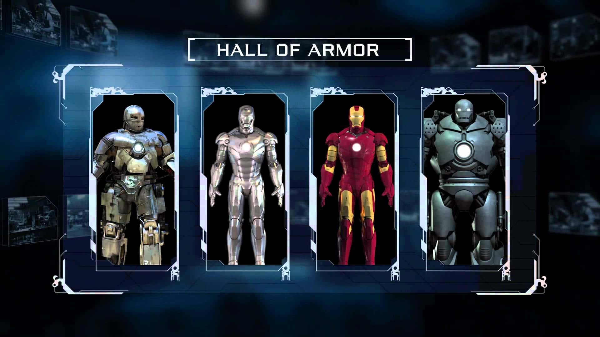 Iron Man Suit 桌布 壁紙 — 四款不同的鐵甲奇俠戰衣在一個高科技大廳內發光的未來風格裝甲展示櫃中展出。