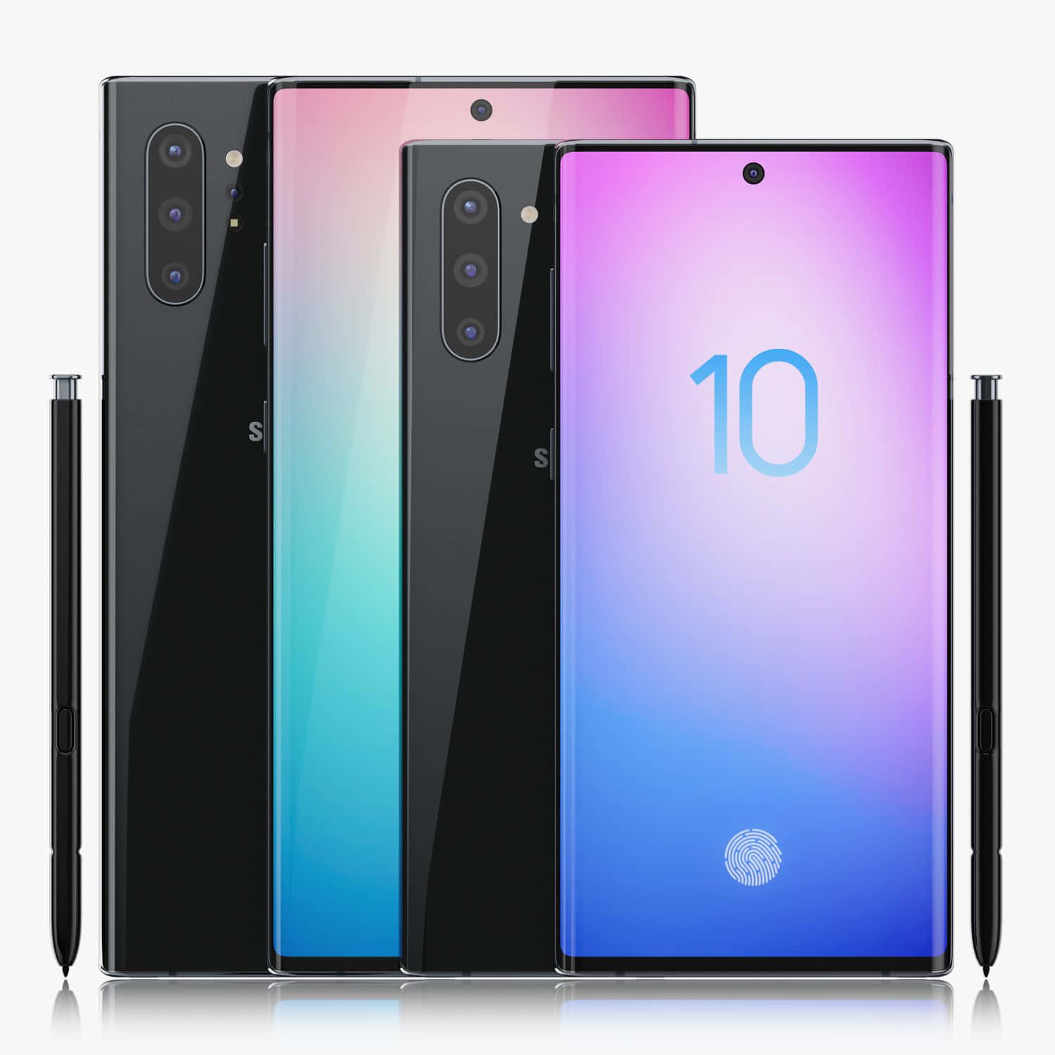 Samsung Galaxy Note 10 壁紙 — 四款時尚的Samsung Galaxy Note 10手機，採用漸變和黑色飾面，配備S Pen觸控筆，在純白色背景上展示。