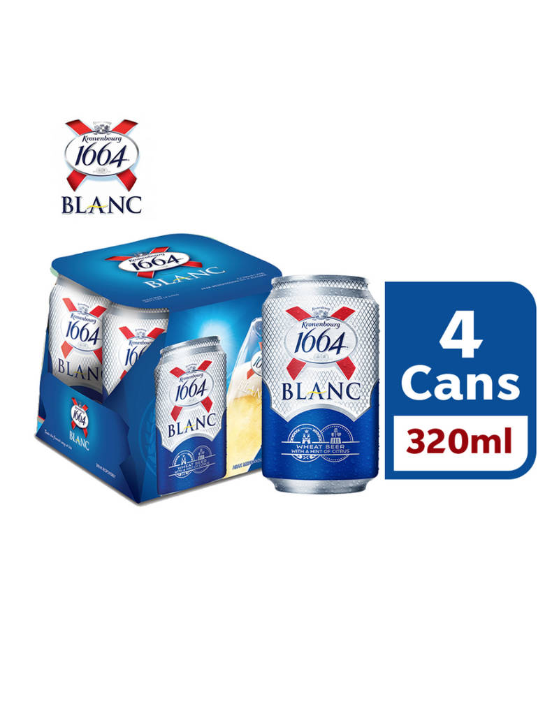 四罐320毫升Kronenbourg 1664 Blanc啤酒，藍色包裝，帶有品牌標誌。