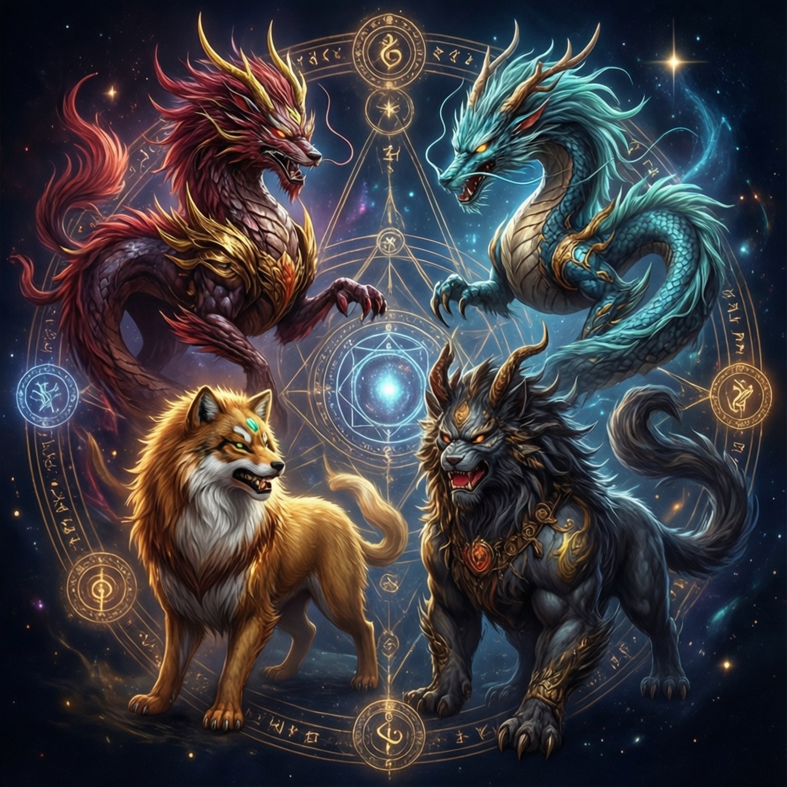 四隻神話生物在星空宇宙場景中圍繞一個發光的魔法圓圈