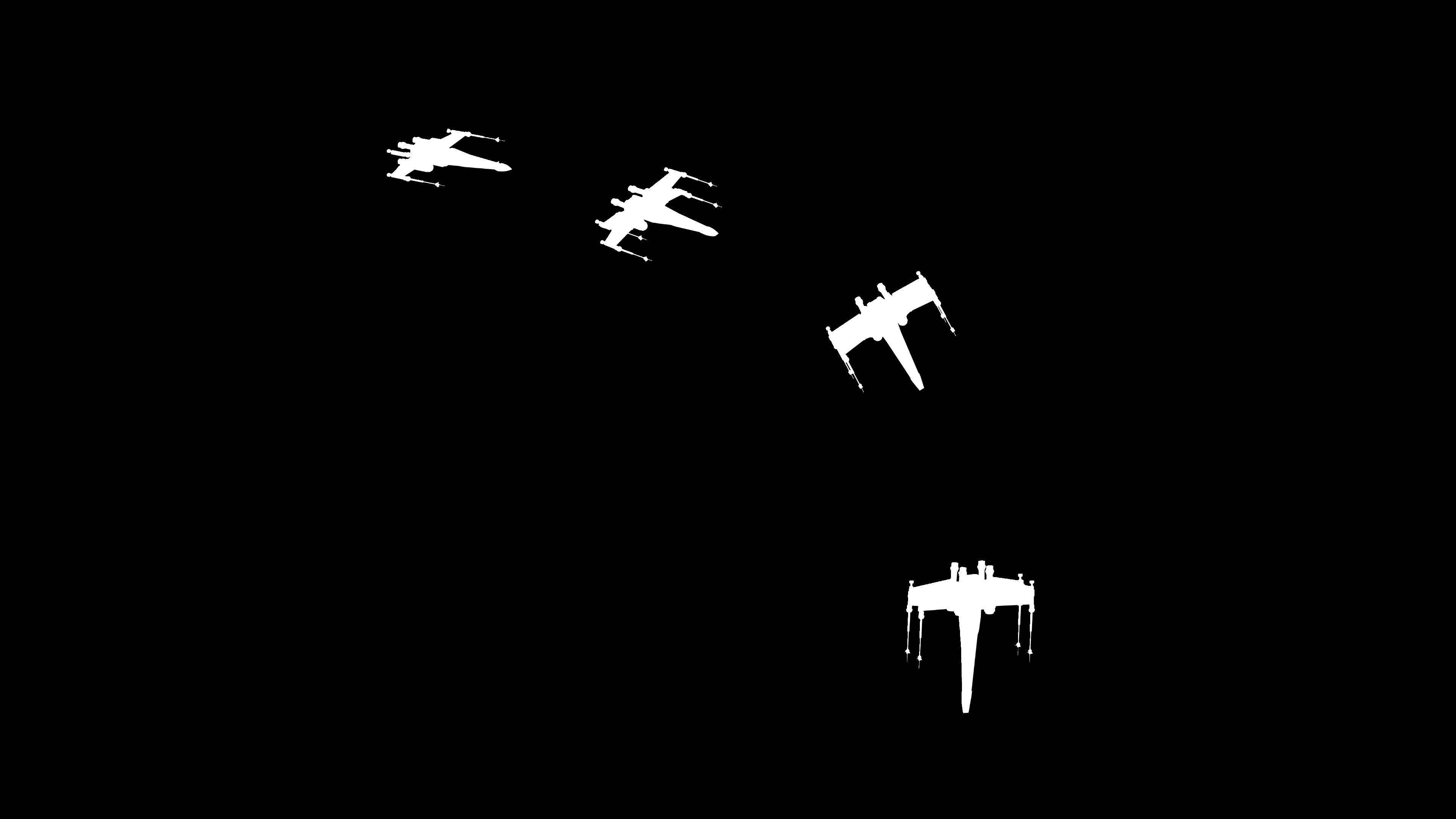 Dark Minimalist 桌布 壁紙 — 四艘白色太空船剪影以極簡數位藝術風格，沿對角線飛過漆黑的背景。