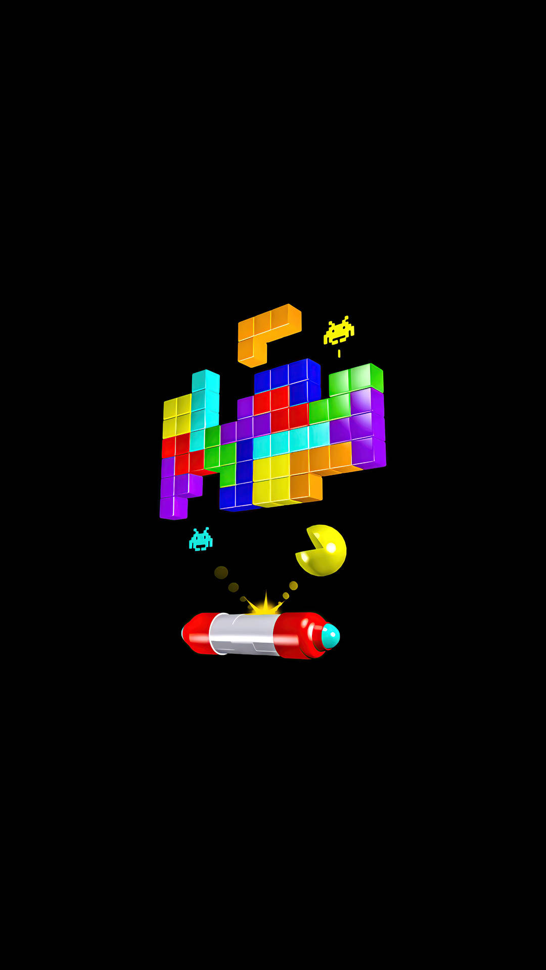 四色方塊 Tetris 極簡暗黑 iPhone 壁紙 — 鮮豔的像素化俄羅斯方塊和 Pacman 角色在純黑背景上漂浮，構成復古遊戲拼貼畫。