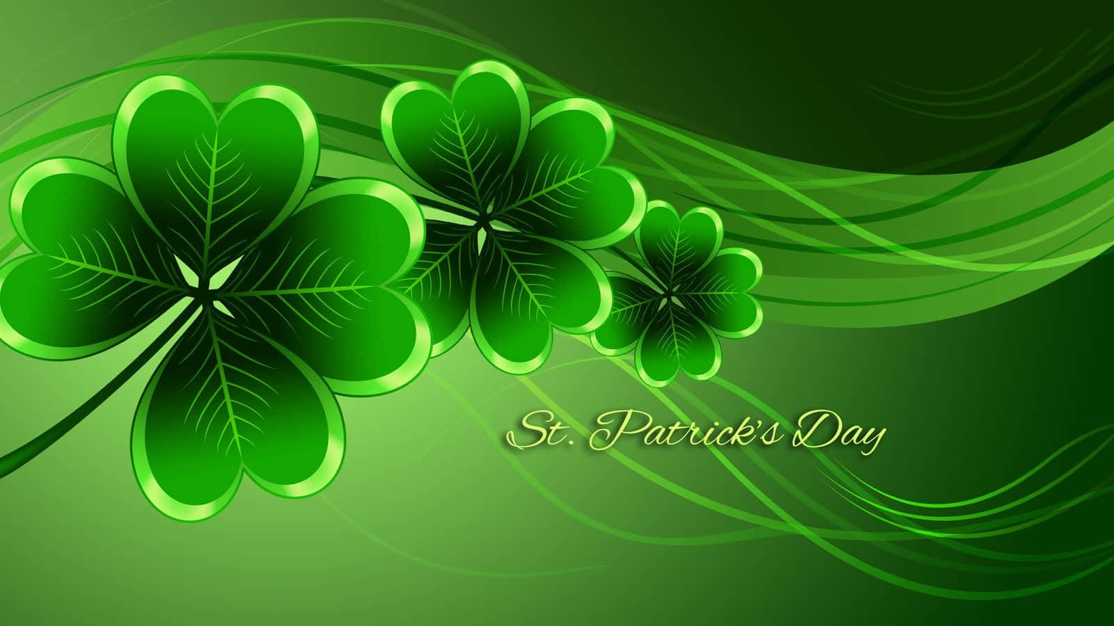 閃亮的綠色四葉草，帶有旋轉線條和 St. Patrick's Day 文字。