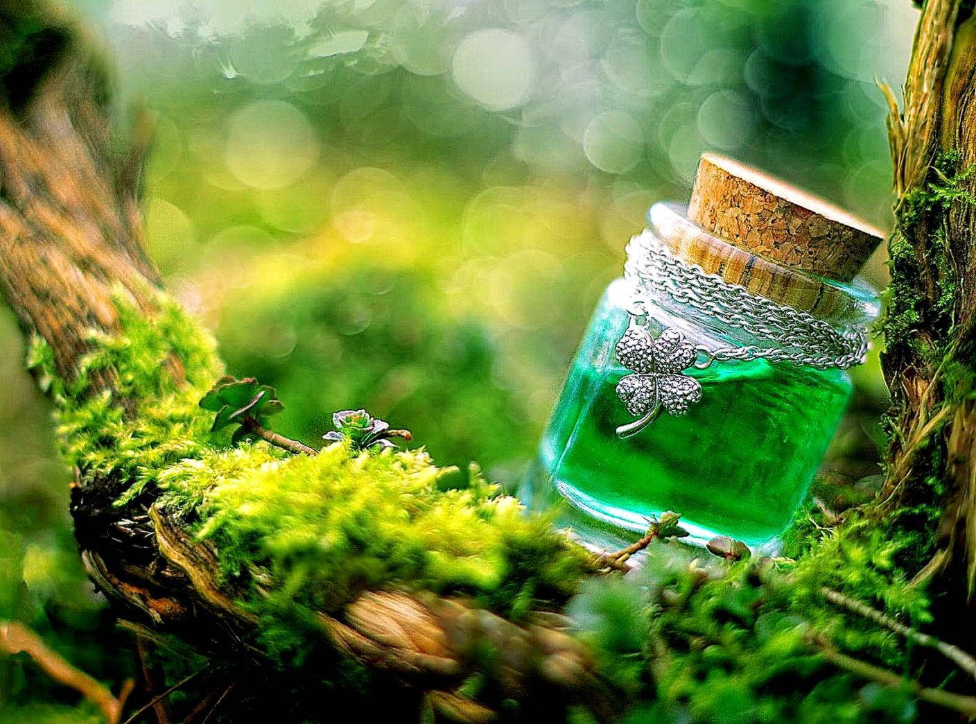 一個神奇的綠色藥水瓶，四葉草飾物藏在森林苔蘚中。