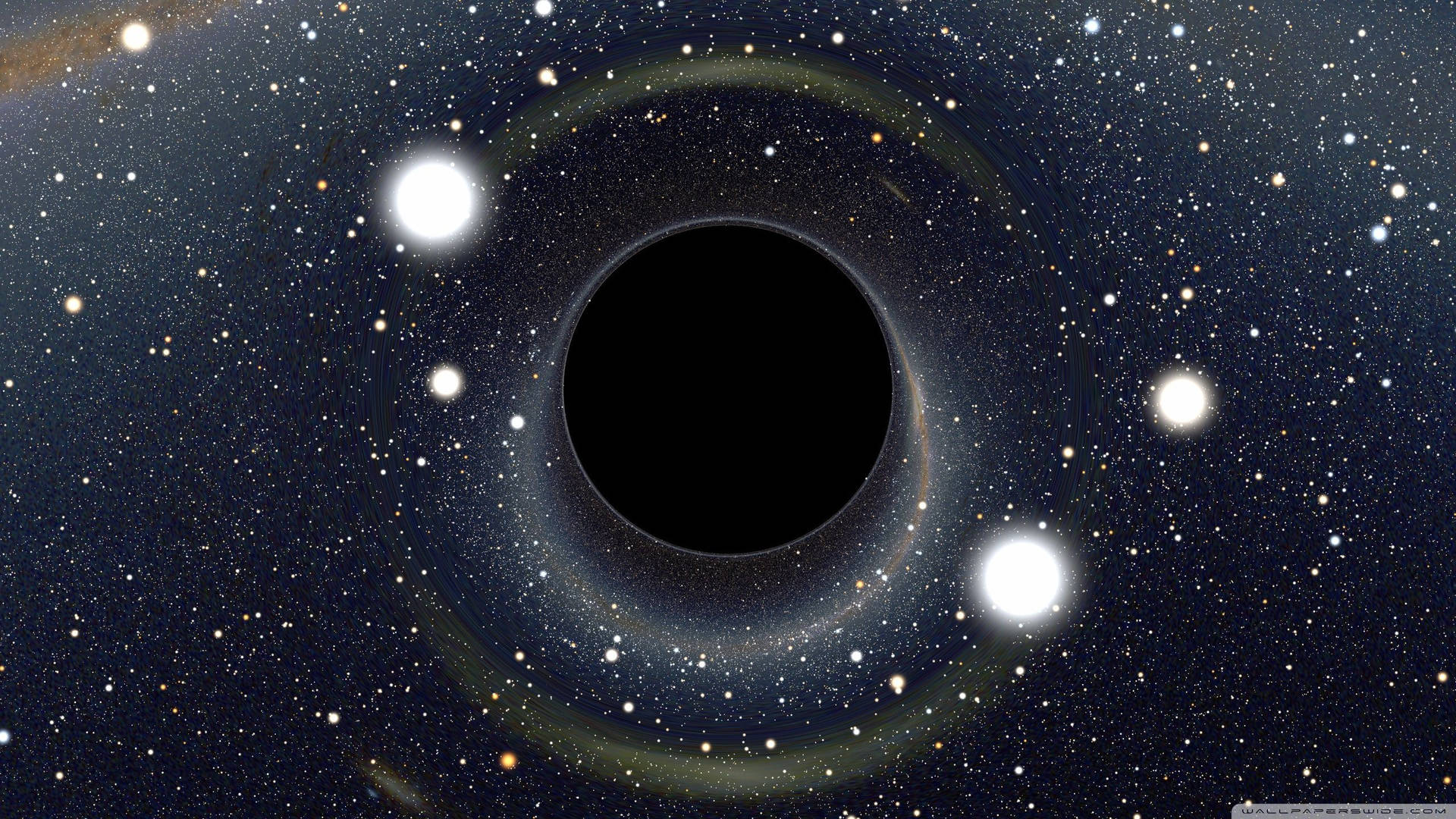 黑洞，發光圓盤及周圍恆星，深空。