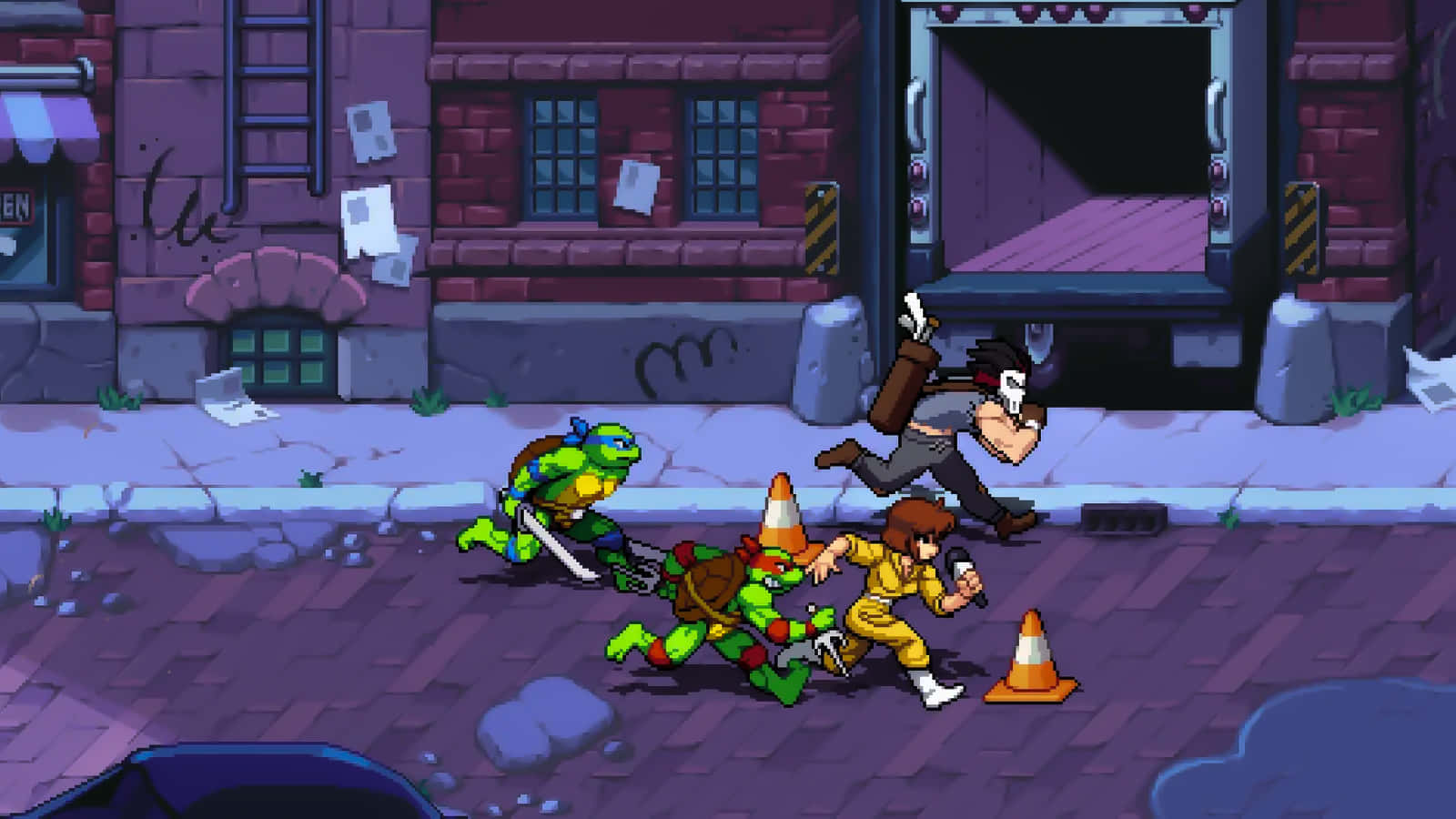 tmnt 桌布 壁紙 — 四隻像素藝術風格的忍者龜在夜晚追趕一名逃離的男子穿過骯髒的城市小巷。