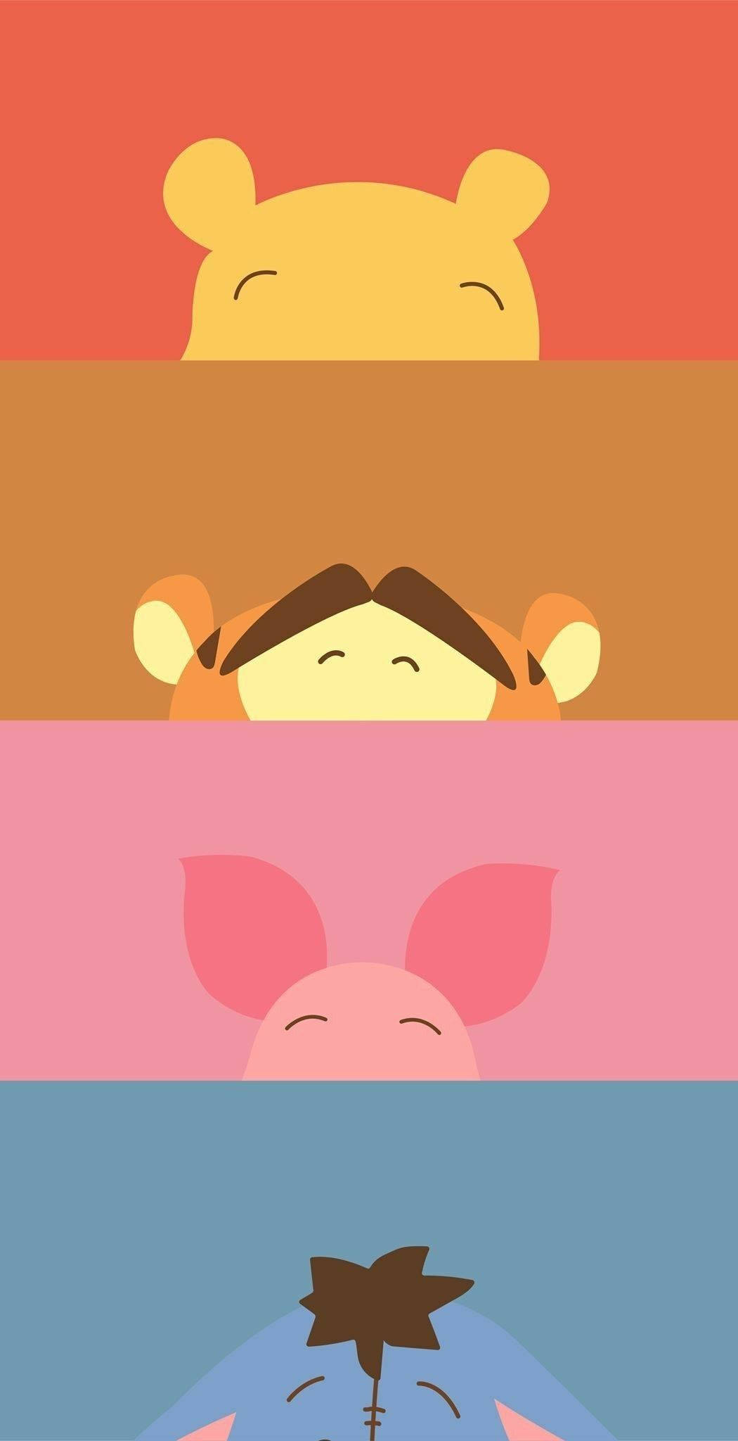 iPhone x cartoon 桌布 壁紙 — 四隻卡通動物閉著眼睛，帶著平靜的表情，從彩色橫條上方探出頭來。