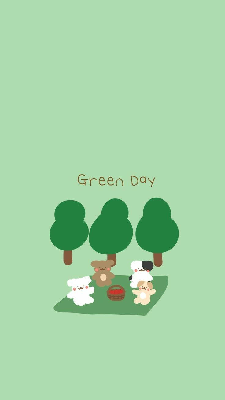 肖像 桌布 壁紙 — 四隻可愛卡通動物在淺綠色背景上的三棵綠樹下野餐，並帶有文字Green Day。