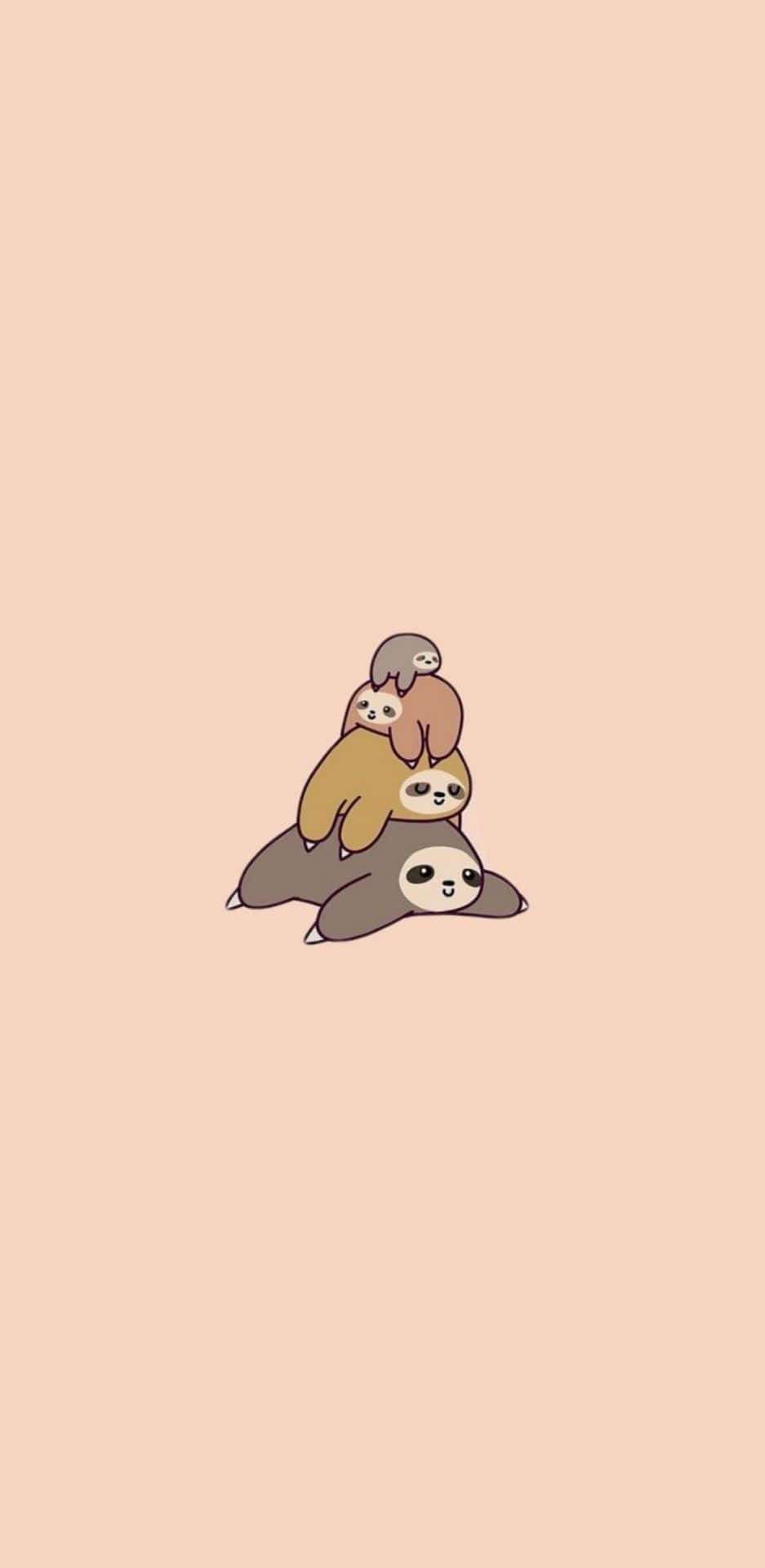 Kawaii Sloth 桌布 壁紙 — 四隻可愛卡通樹懶在柔和蜜桃色背景上堆疊成金字塔形狀。