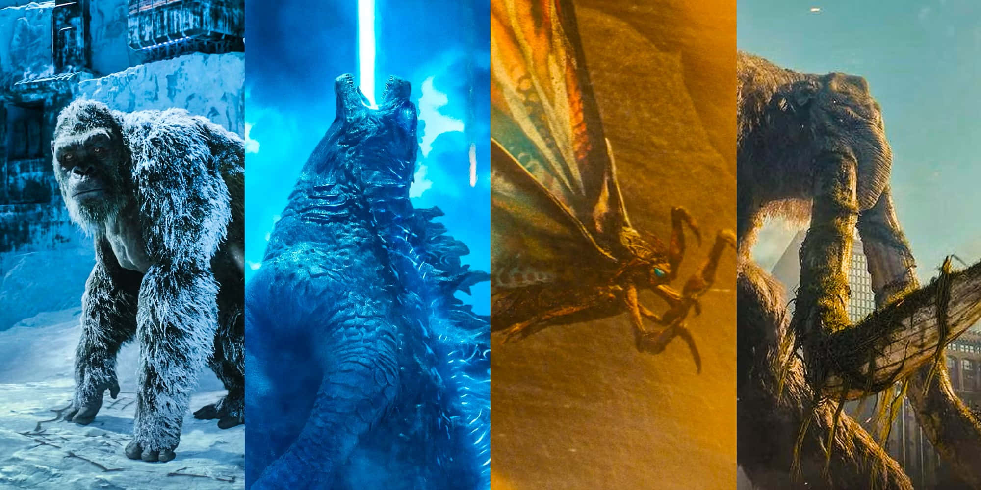 Monsterverse 桌布 壁紙 — 四隻巨大怪物哥斯拉、金剛、摩斯拉和拉頓在強烈燈光下，以戲劇性的電影姿勢站立於城市和自然背景前。