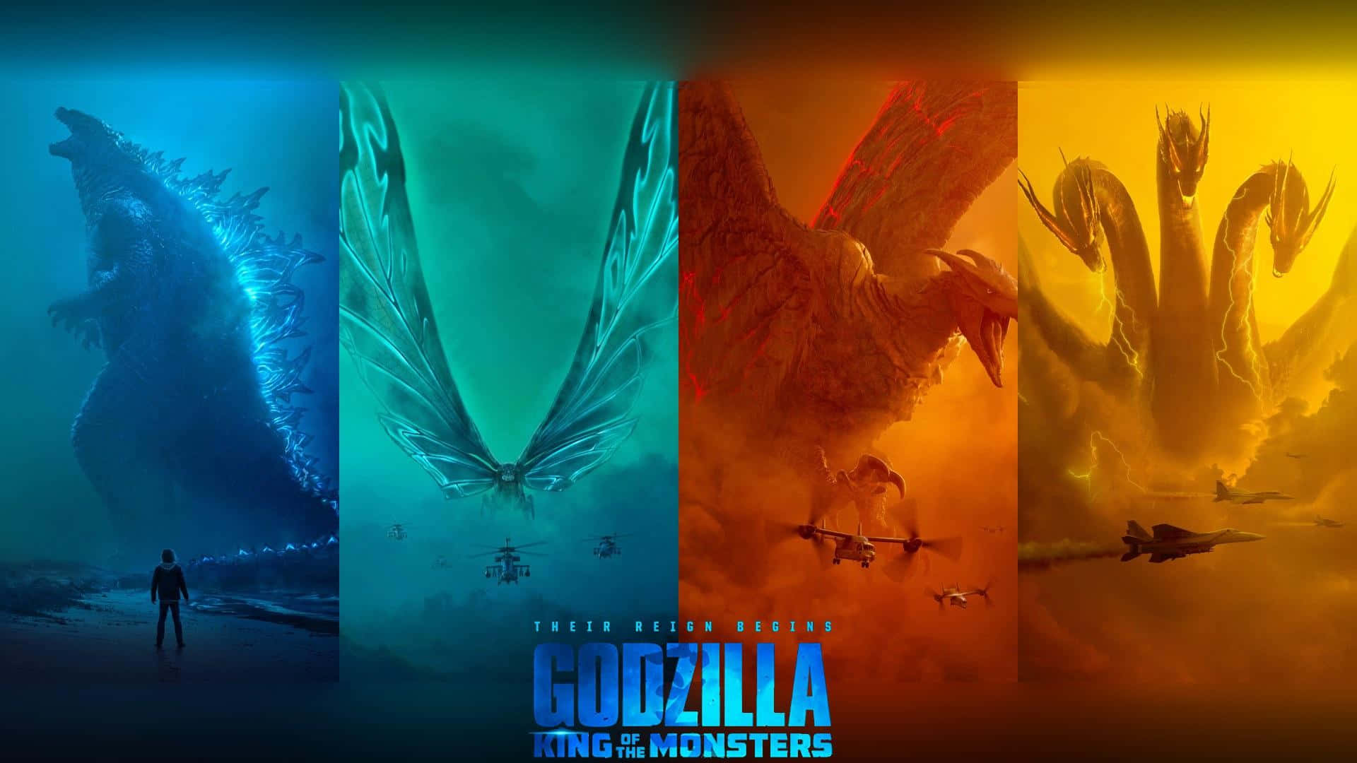 Monsterverse 桌布 壁紙 — 四隻巨大怪獸哥斯拉、摩斯拉、王者基多拉和拉頓在戲劇性的彩色面板中升起，戰鬥機在下方飛過。