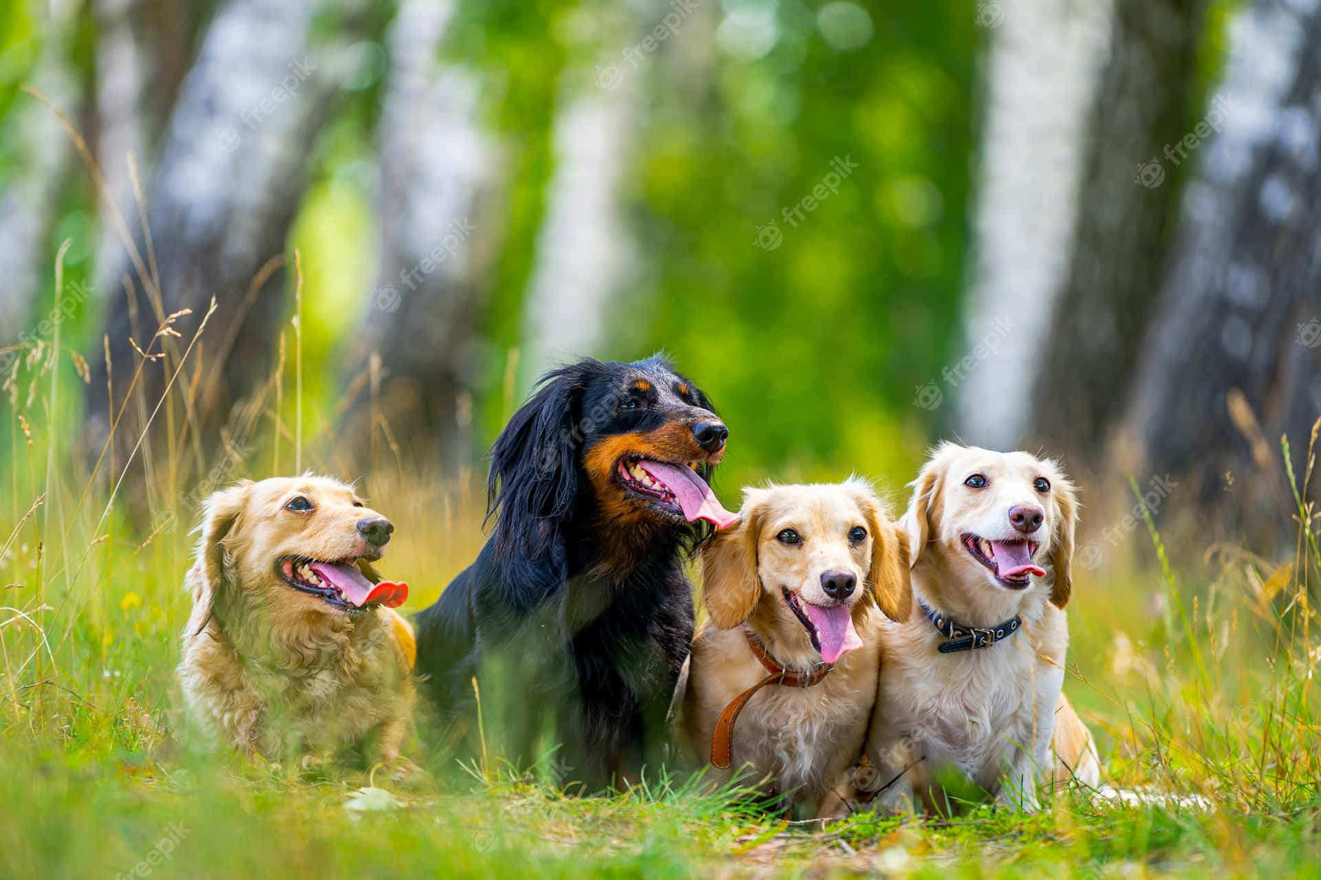 四隻布列塔尼幼犬 壁紙 — 四隻快樂臘腸狗伸出舌頭，一起坐在陽光普照、長滿青草的森林空地。