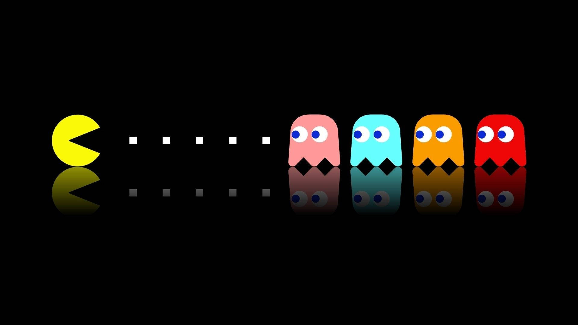 Pacman 與四個鬼魂以經典街機風格呈現，在黑色背景上帶有倒影。