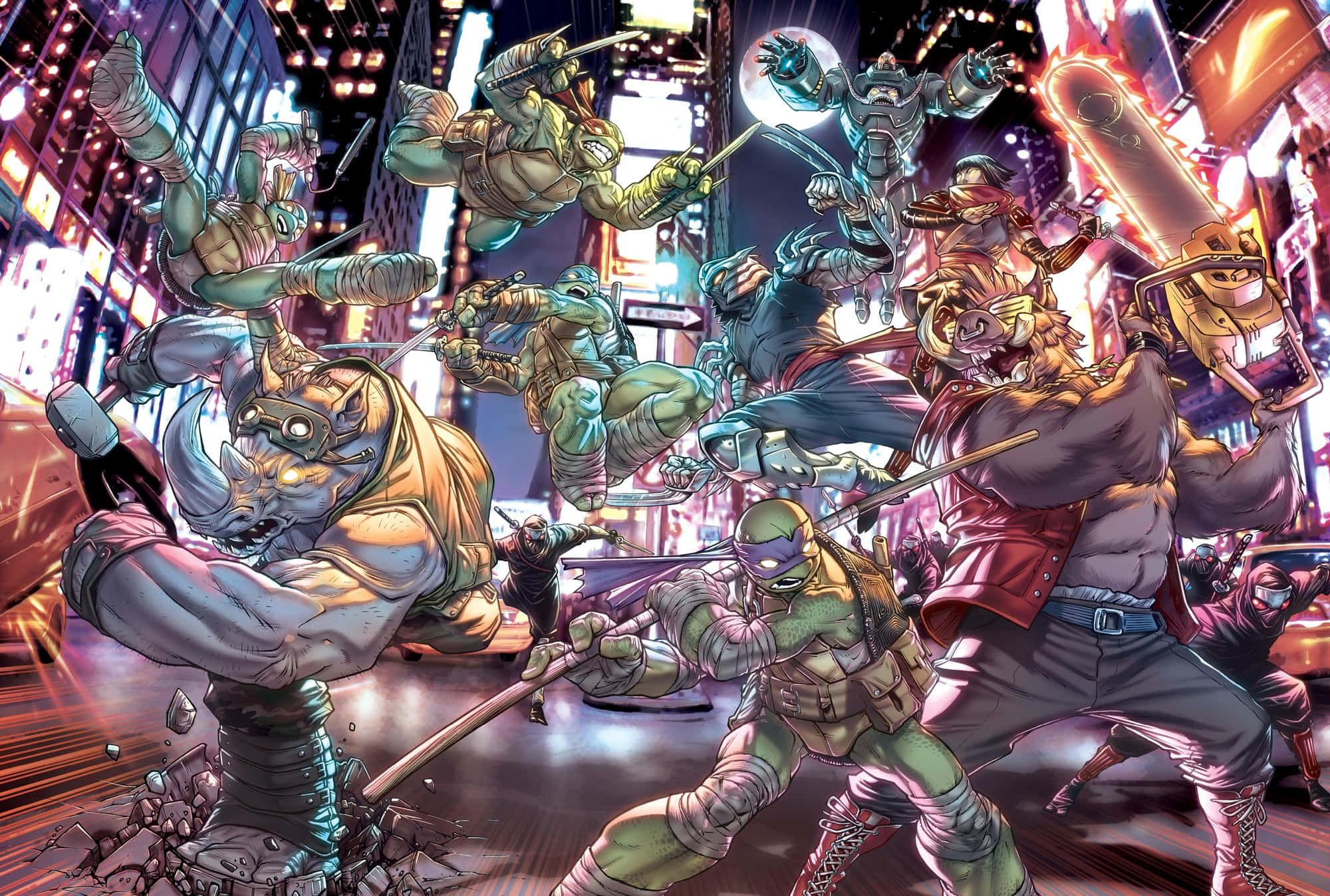 Mutants 桌布 壁紙 — 四隻忍者龜在夜晚霓虹燈照亮嘅城市後巷中，與裝甲敵人戰鬥，碎片飛揚，動作動感十足。