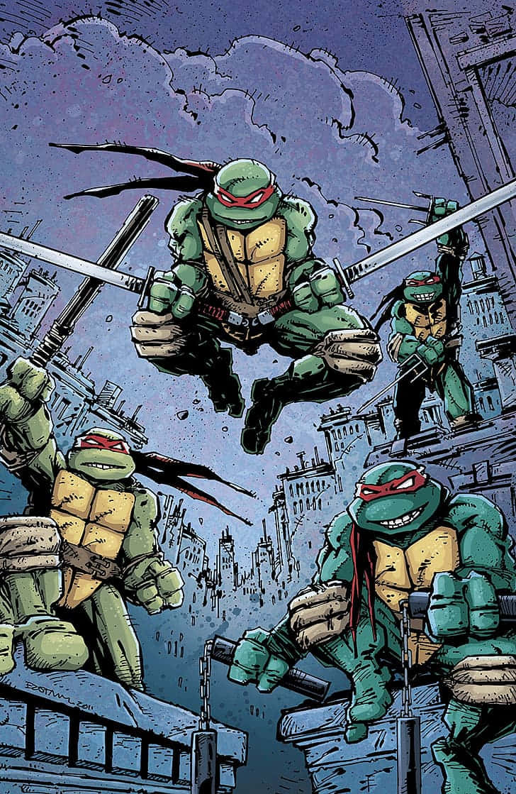 tmnt 桌布 壁紙 — 四隻忍者龜在暴風雨紫色天空下的城市屋頂上動態跳躍和擺姿勢。