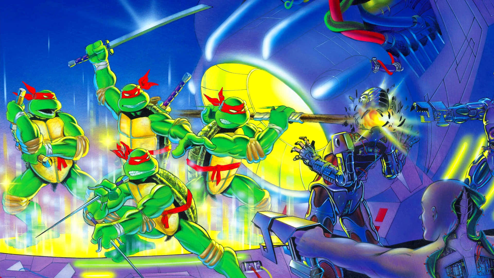 tmnt 桌布 壁紙 — 四隻戴紅色面具的綠色忍者龜在霓虹燈照亮嘅城市峽谷中用發光武器對抗機械敵人。