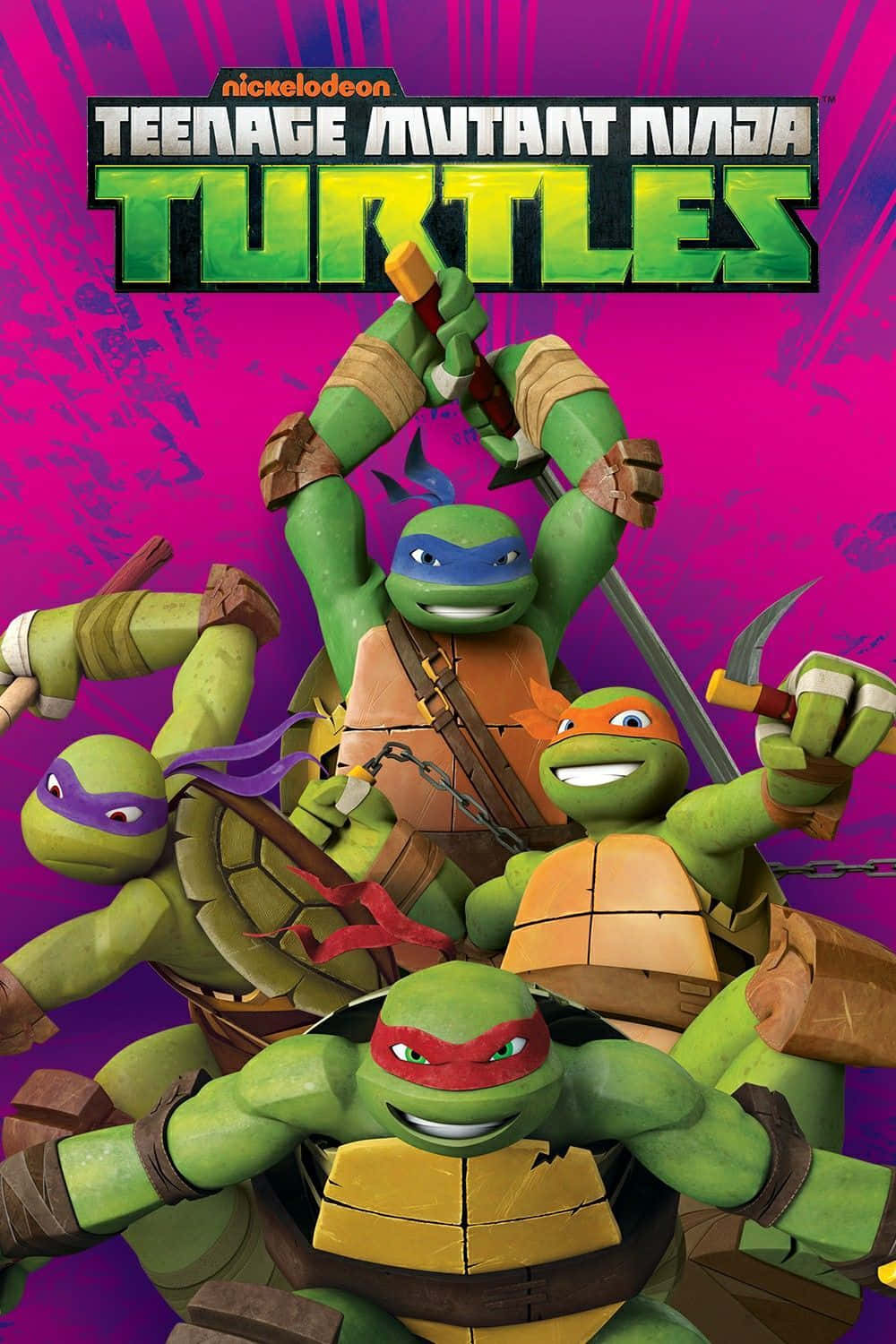 tmnt 桌布 壁紙 — 四隻戴著彩色面具的綠色忍者龜在充滿活力的粉紅色和紫色背景下英勇地擺出姿勢。