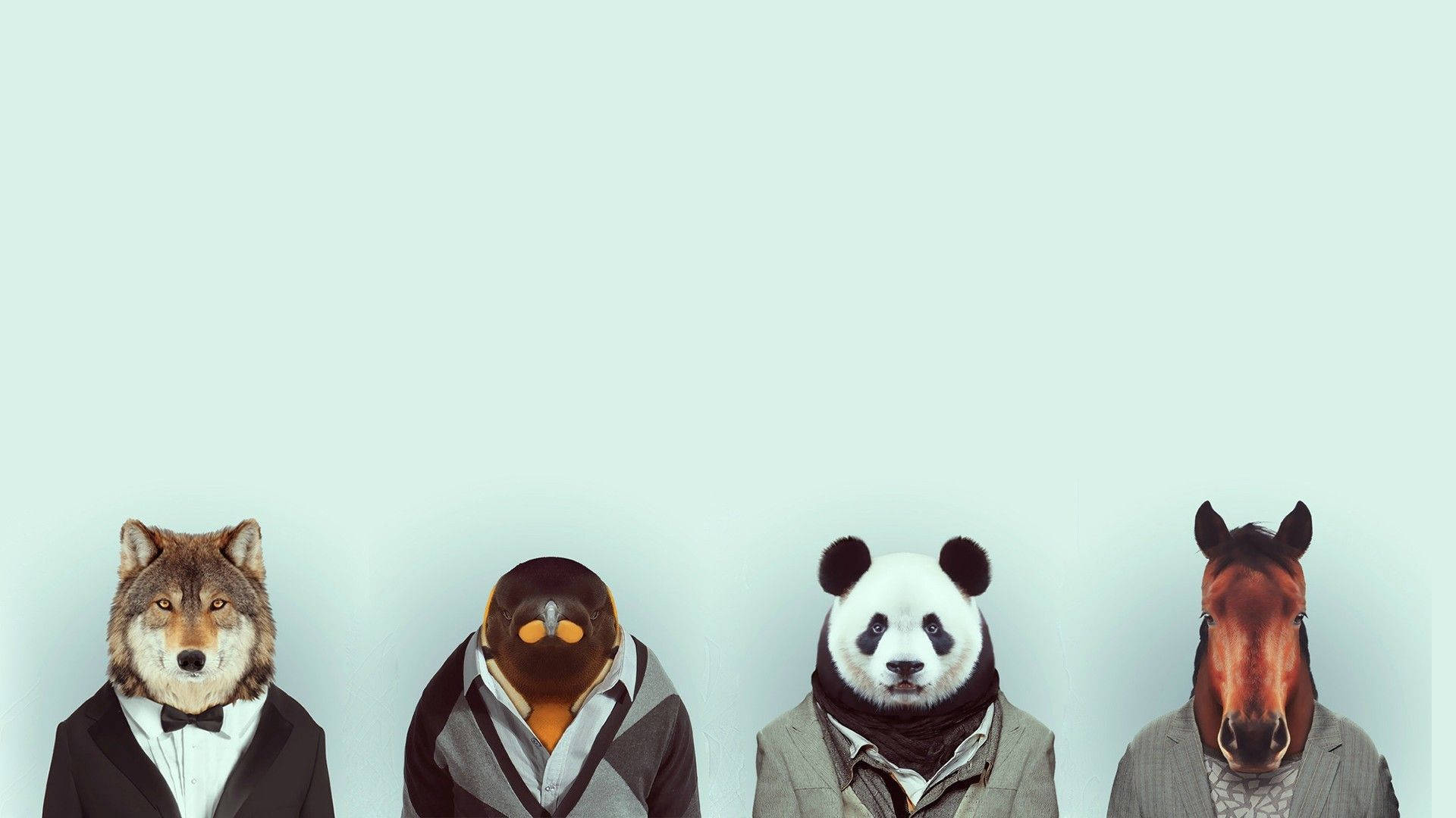 動物 桌布 壁紙 — 四隻擬人化動物穿著西裝打領帶，在淡薄荷色背景前擺姿勢。