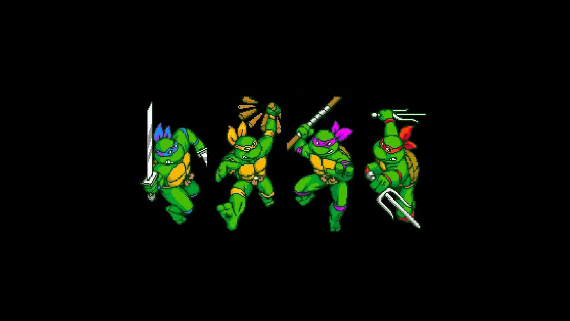 tmnt 桌布 壁紙 — 四隻綠色忍者龜以像素藝術姿勢手持武器，背景為黑色。