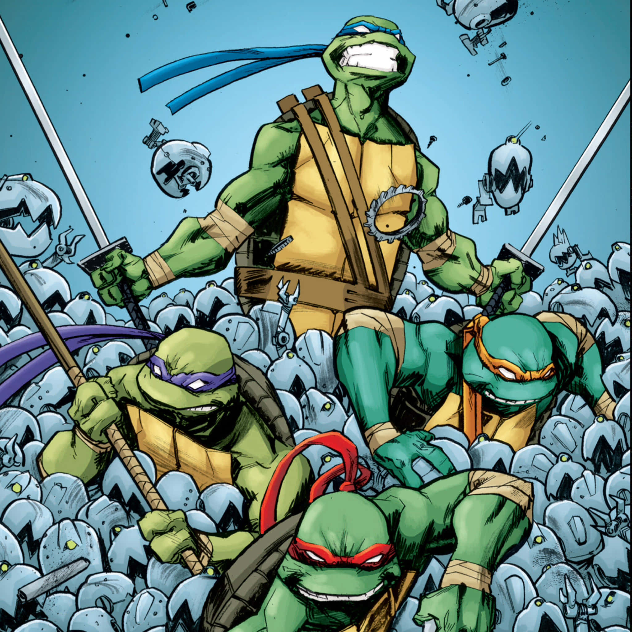 Ninja Turtle 桌布 壁紙 — 四隻綠色忍者龜用劍同釵打敗咗一大群機械人敵人。
