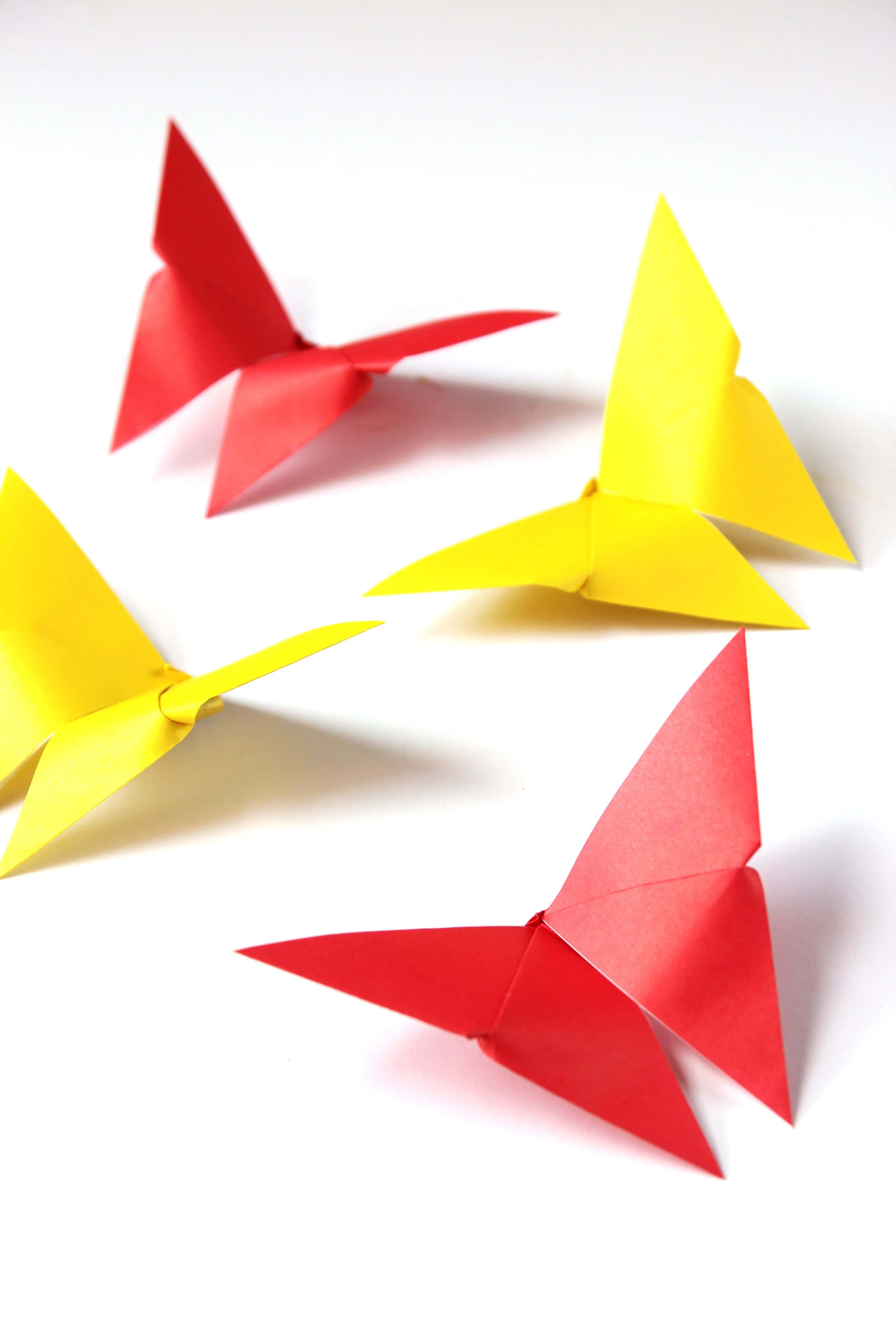 Butterfly Origami 桌布 壁紙 — 四隻鮮豔的紅色和黃色摺紙蝴蝶停放在潔白的表面上，投下柔和的陰影。