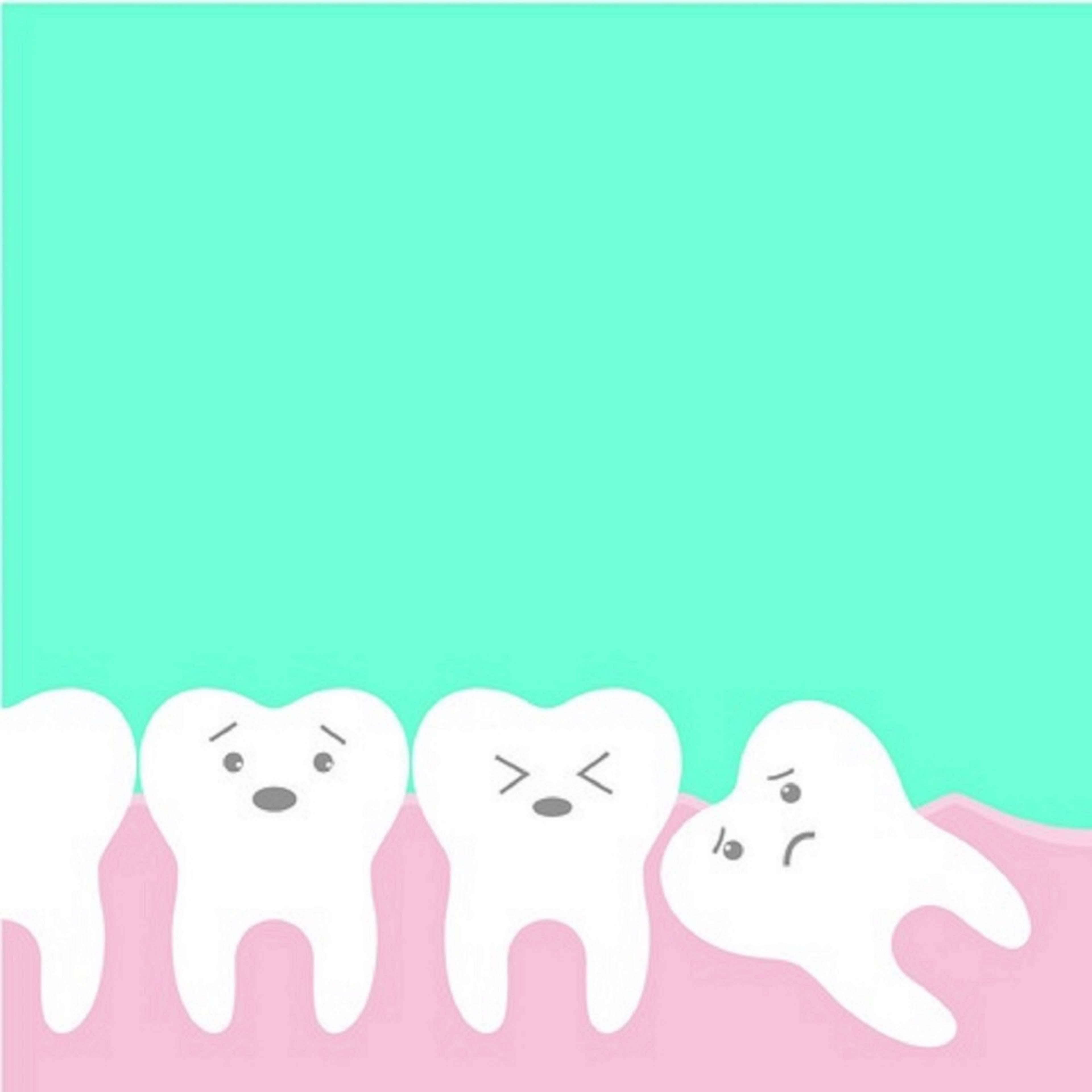 Tooth 桌布 壁紙 — 四顆帶有表情的卡通牙齒從粉紅色牙齦中探出頭來，背景是薄荷綠色。