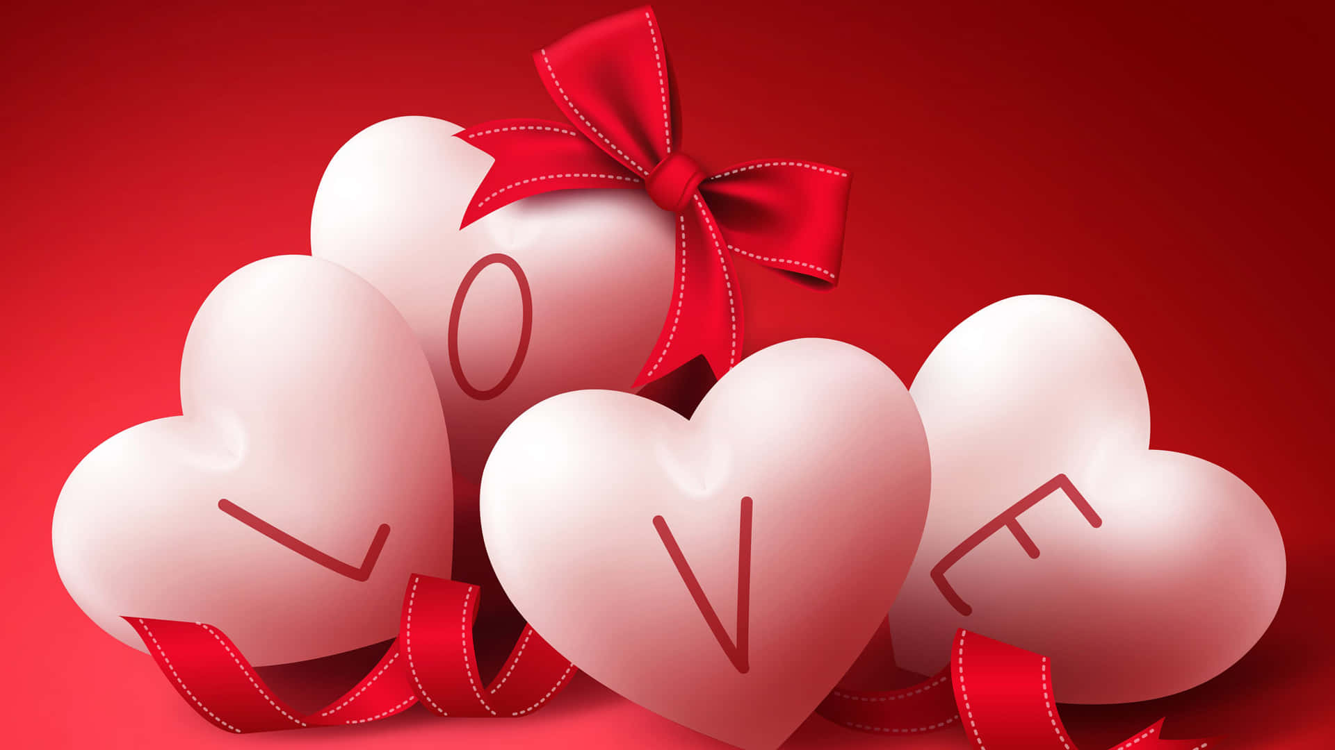 四個白色心形拼出LOVE，配以紅色絲帶蝴蝶結，背景為紅色。