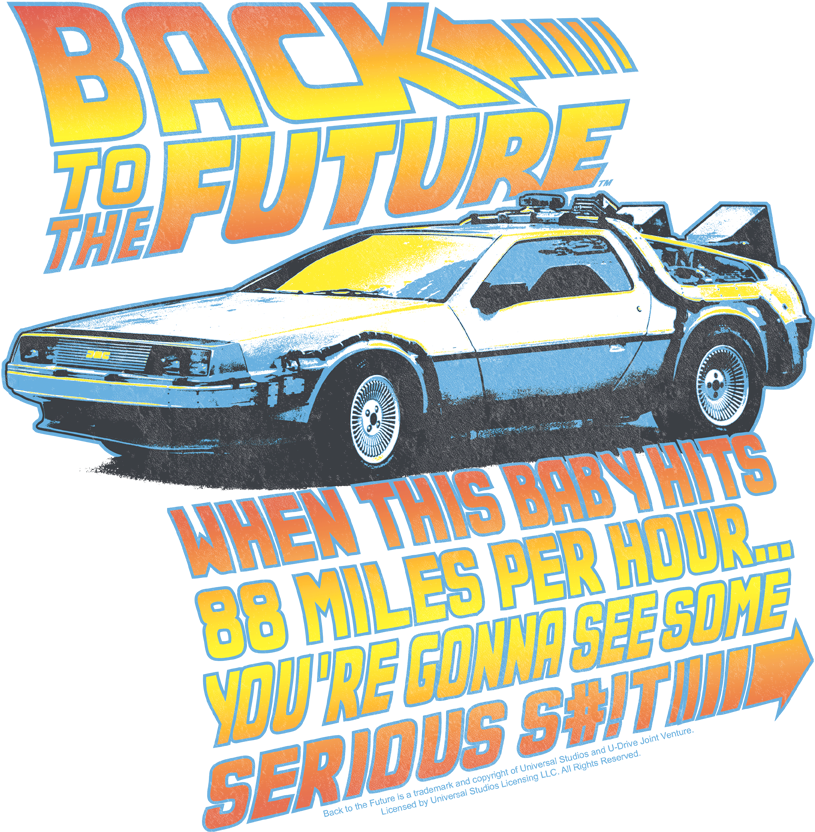 回到未來 德羅寧時光機圖案 壁紙 — 來自《回到未來》的 DeLorean 時光機的充滿活力的 80 年代風格圖形，帶有醒目的橙色、黃色和藍色文字，宣示著每小時 88 英里。