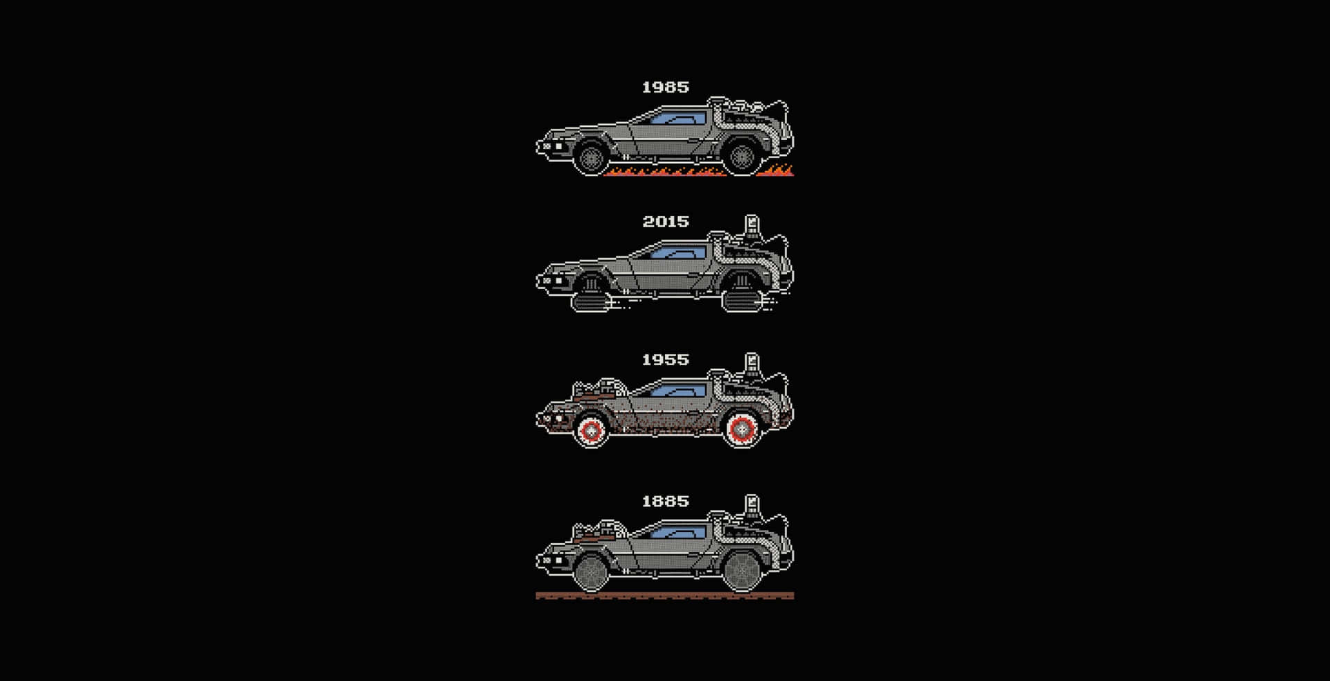 四輛像素化 DeLorean 時光機，標有年份 1885 1955 2015 和 1985 — 回到未來 GIF 壁紙